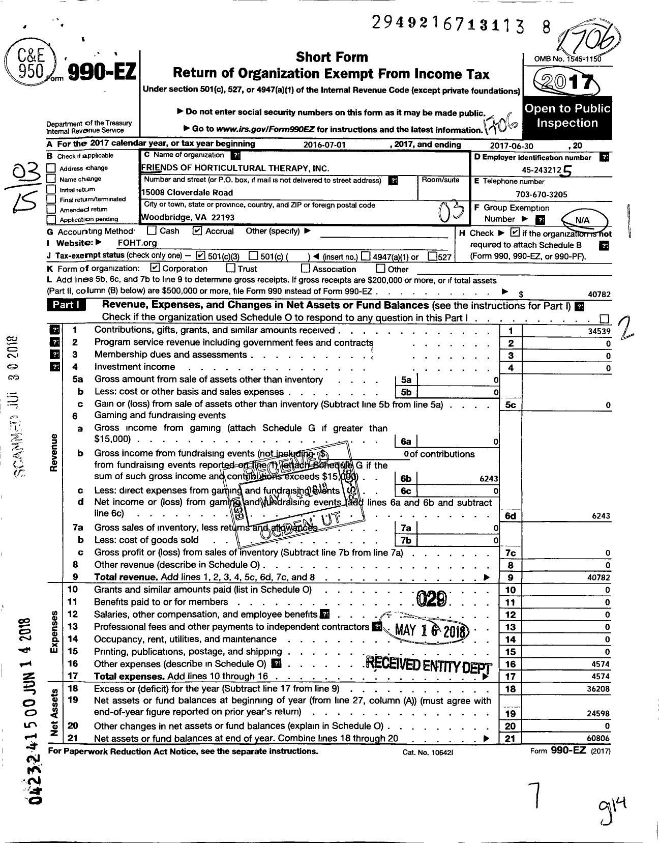 Image of first page of 2016 Form 990EZ for Friends of Horticultural Therapy