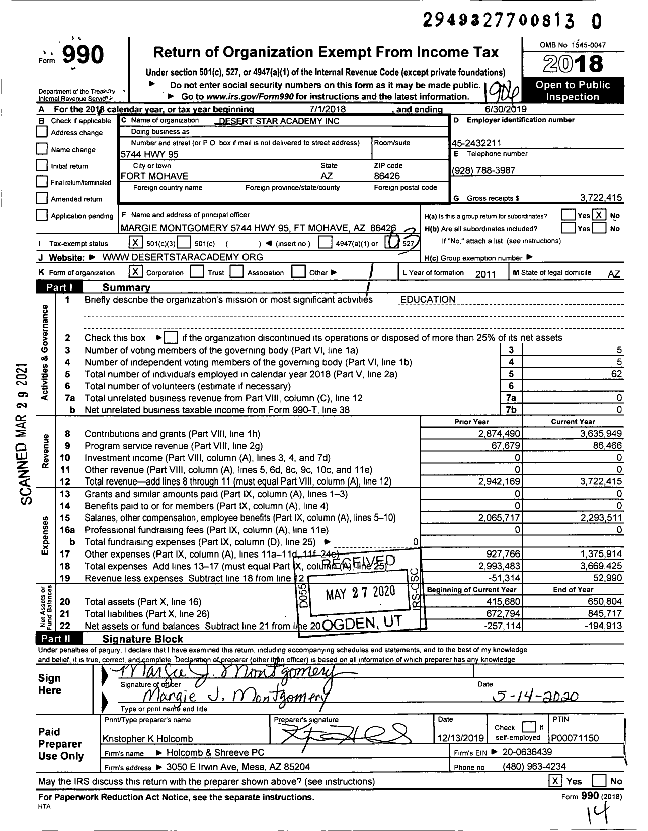 Image of first page of 2018 Form 990 for Desert Star Academy