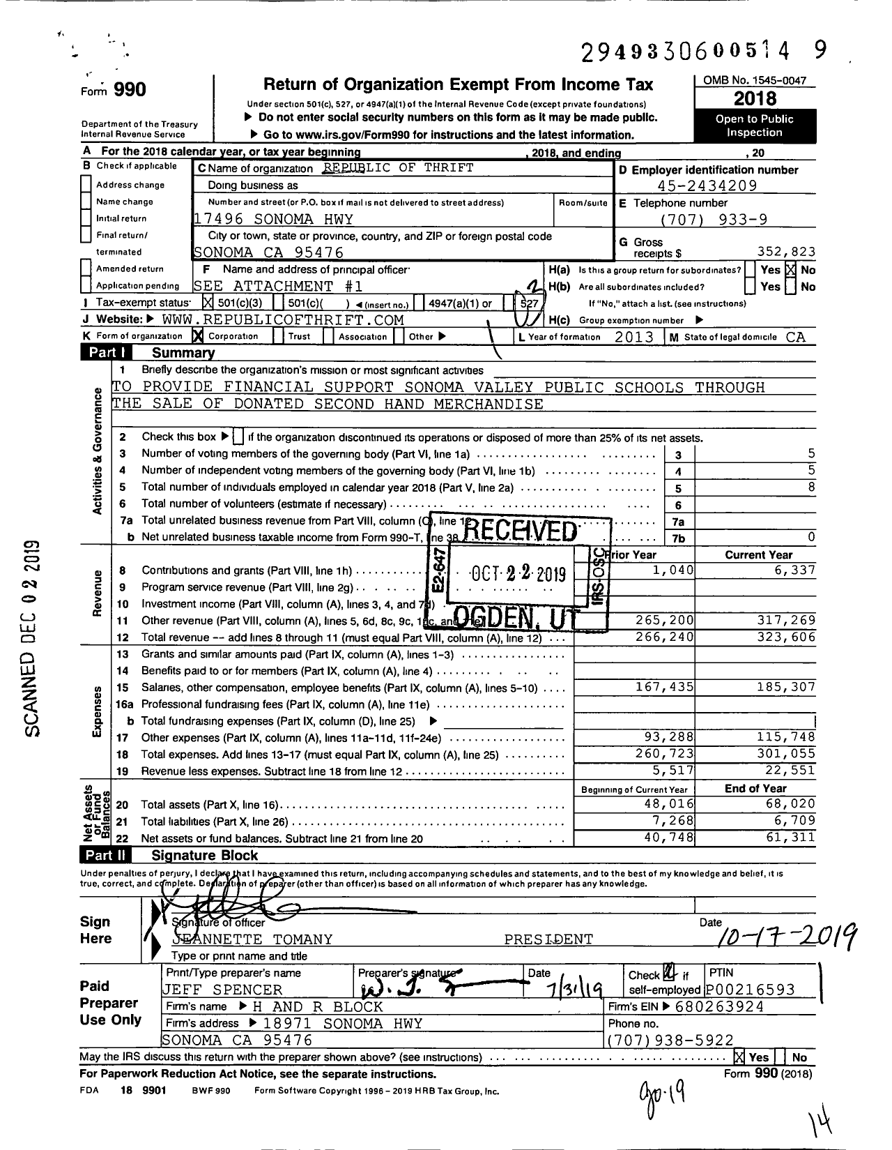 Image of first page of 2018 Form 990 for Republic of Thrift