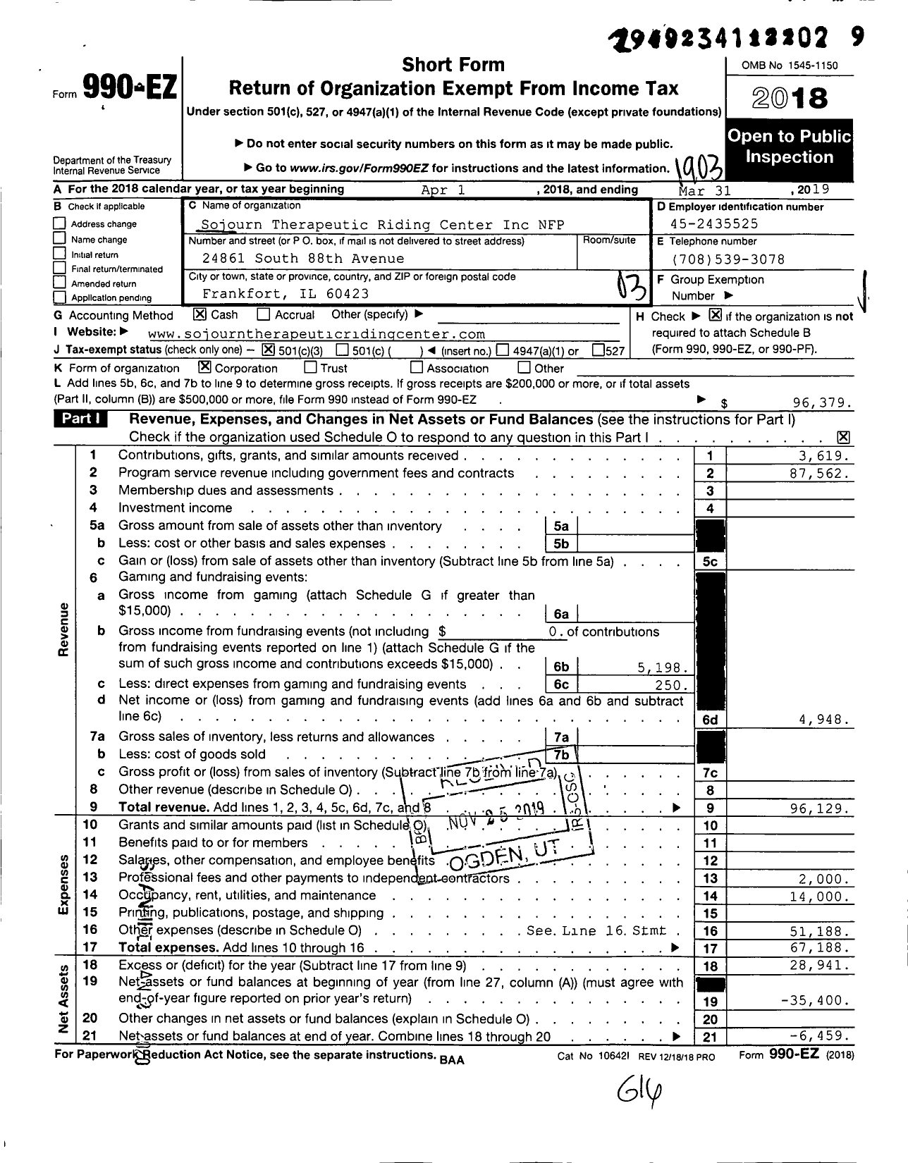 Image of first page of 2018 Form 990EZ for Sojourn Therapeutic Riding Center Inc NFP