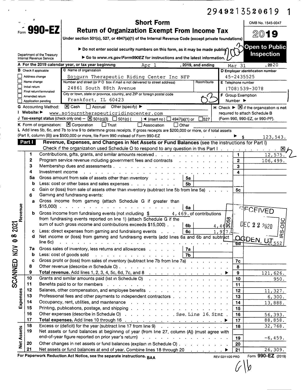 Image of first page of 2019 Form 990EZ for Sojourn Therapeutic Riding Center Inc NFP