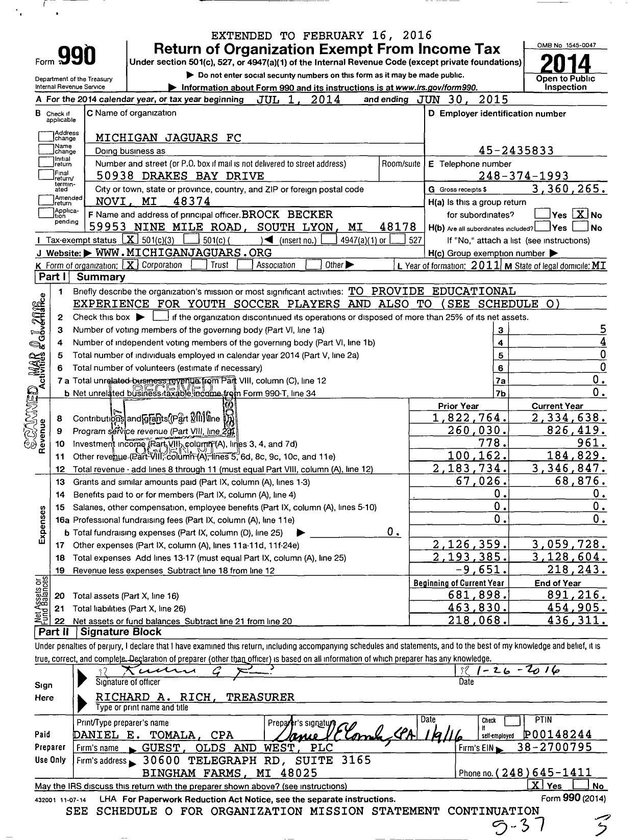 Image of first page of 2014 Form 990 for Michigan Jaguars FC