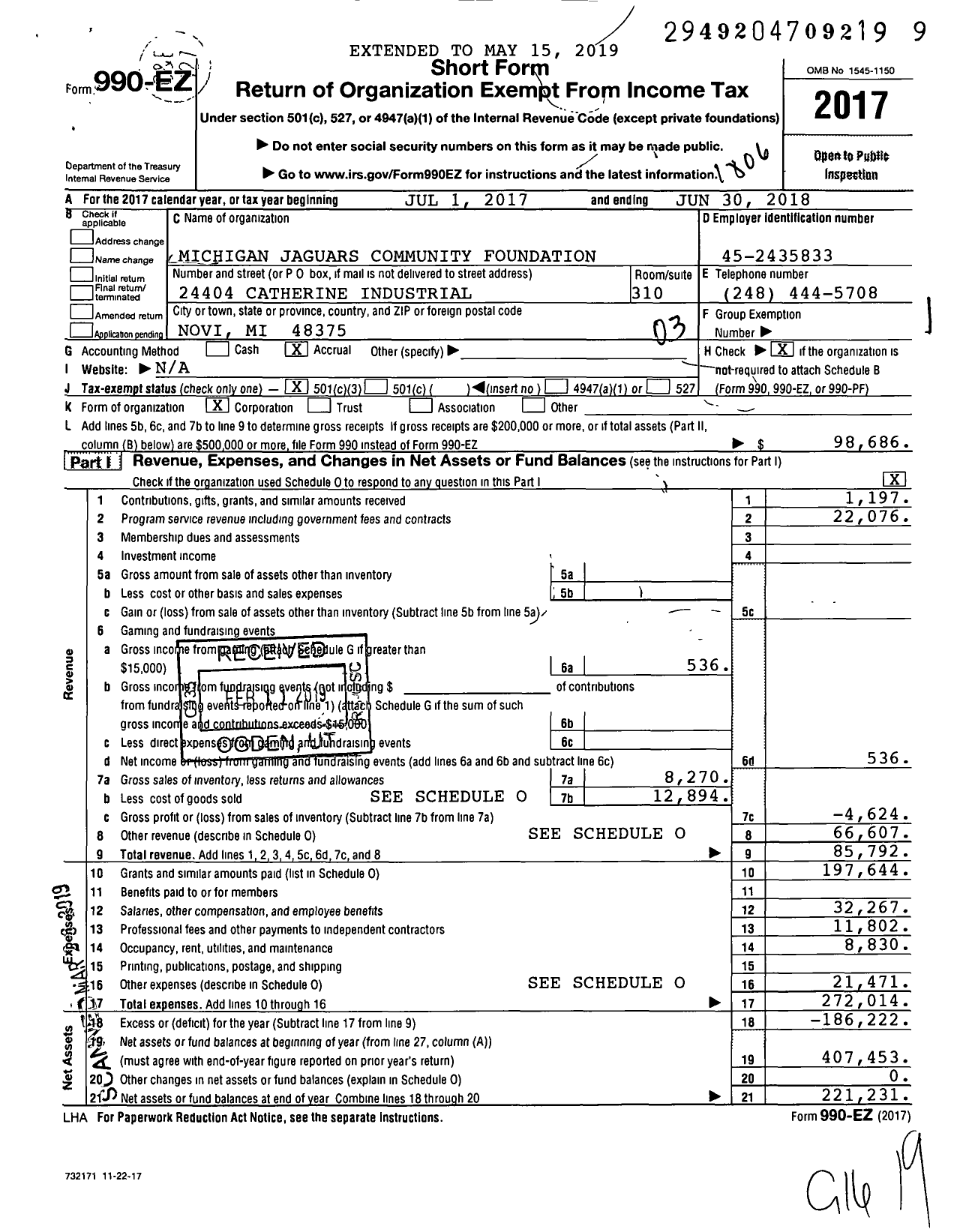 Image of first page of 2017 Form 990EZ for Michigan Jaguars FC