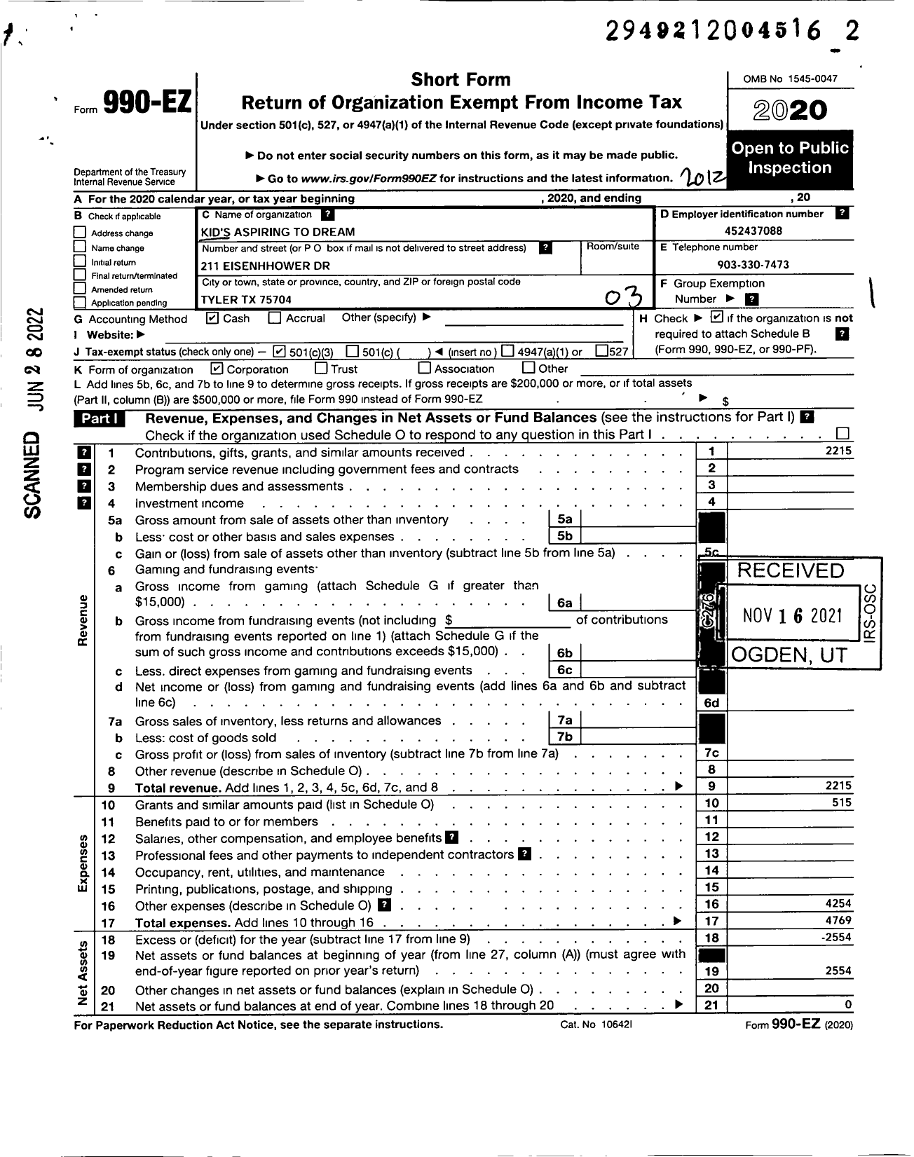 Image of first page of 2020 Form 990EZ for Kids Aspiring To Dream