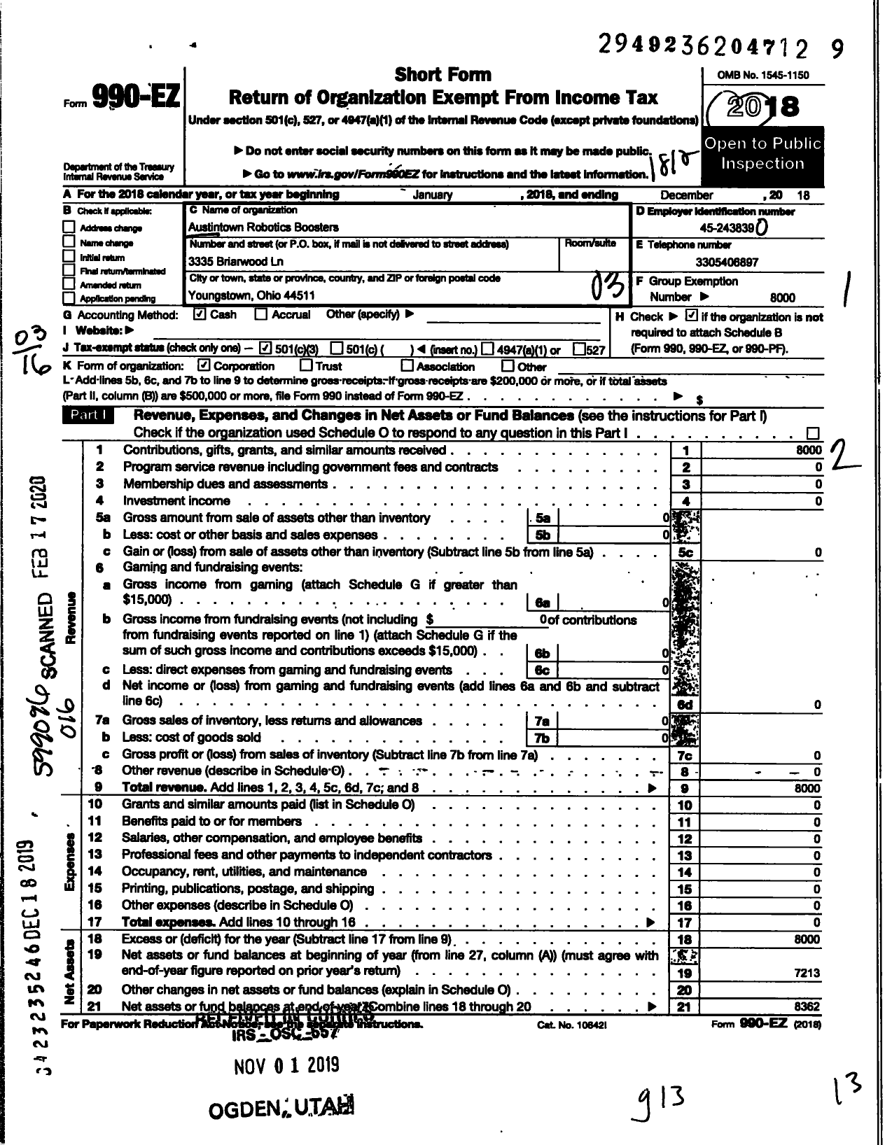 Image of first page of 2018 Form 990EZ for Austintown Robotic Boosters