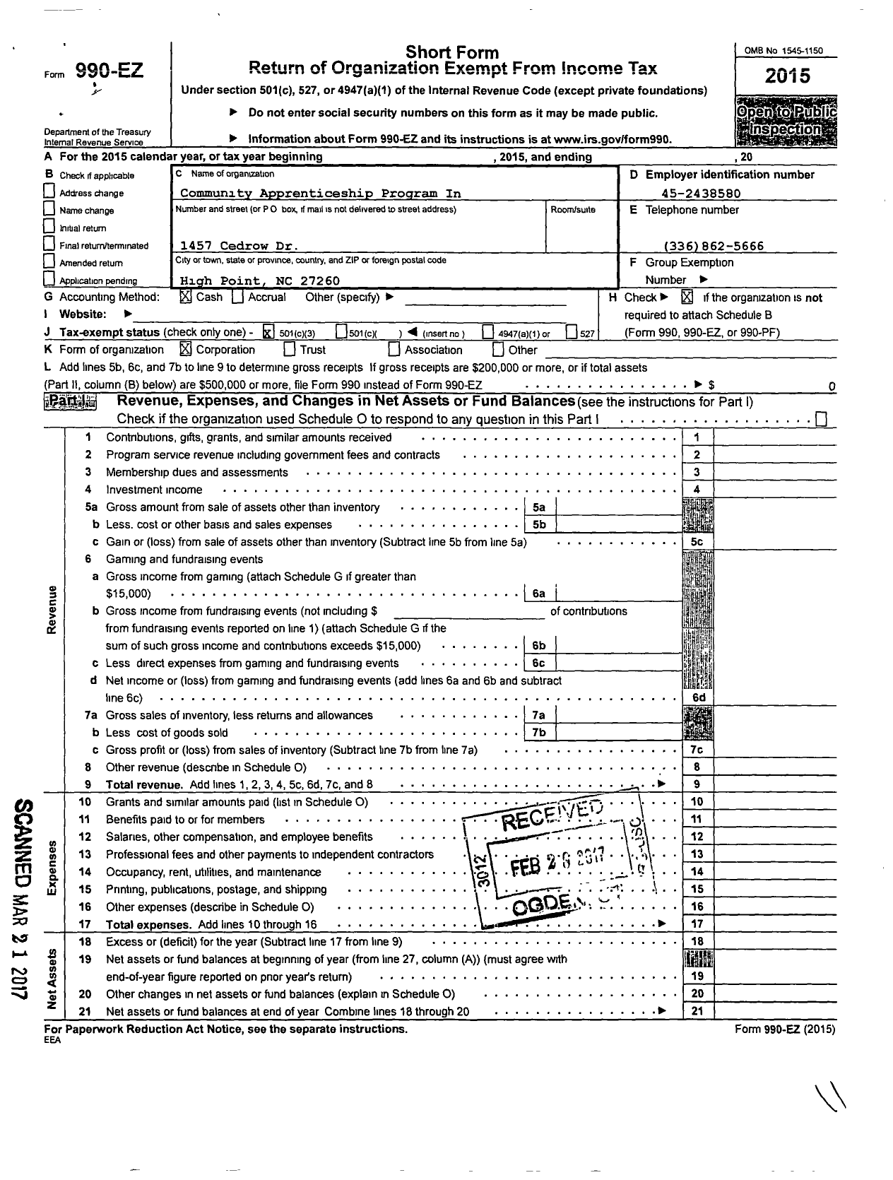 Image of first page of 2015 Form 990EZ for Community Apprenticeship Program and Diamonds and Pe