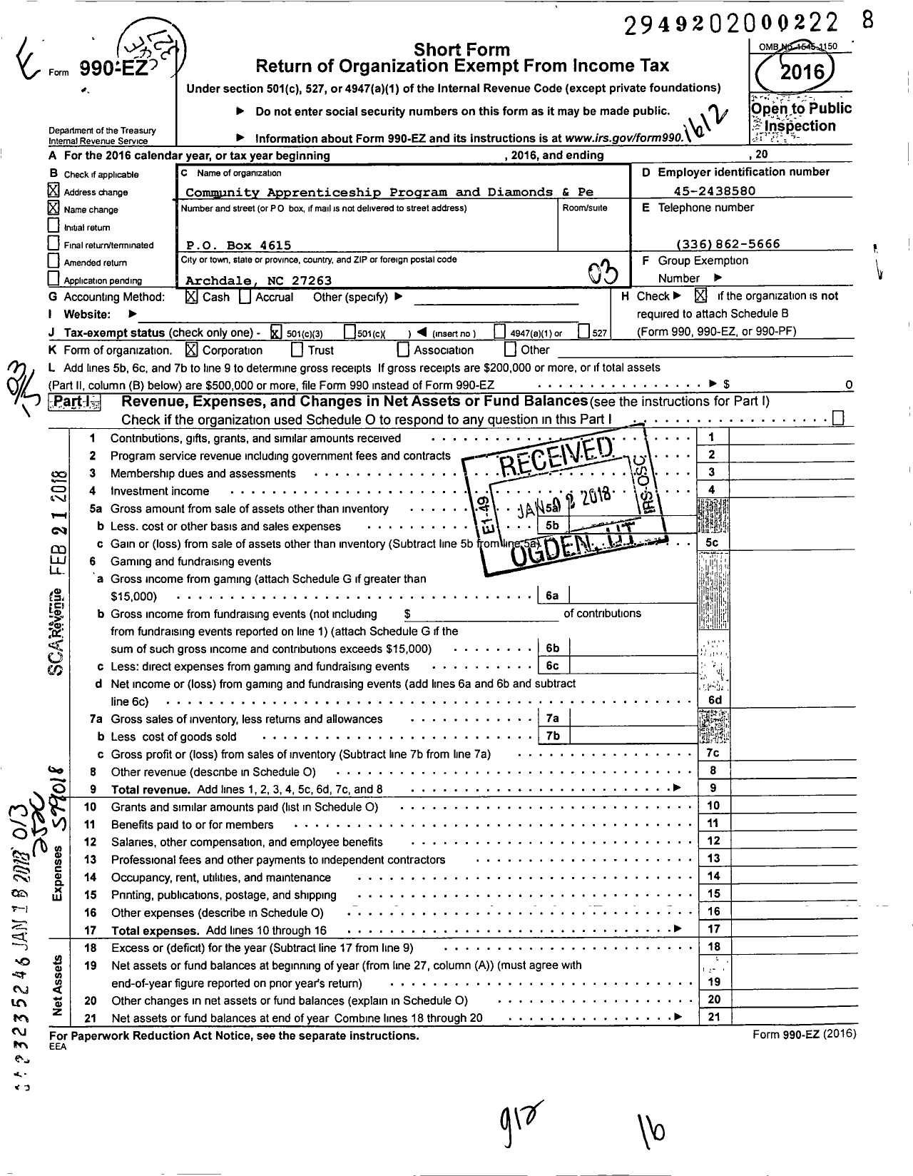 Image of first page of 2016 Form 990EZ for Community Apprenticeship Program and Diamonds and Pe