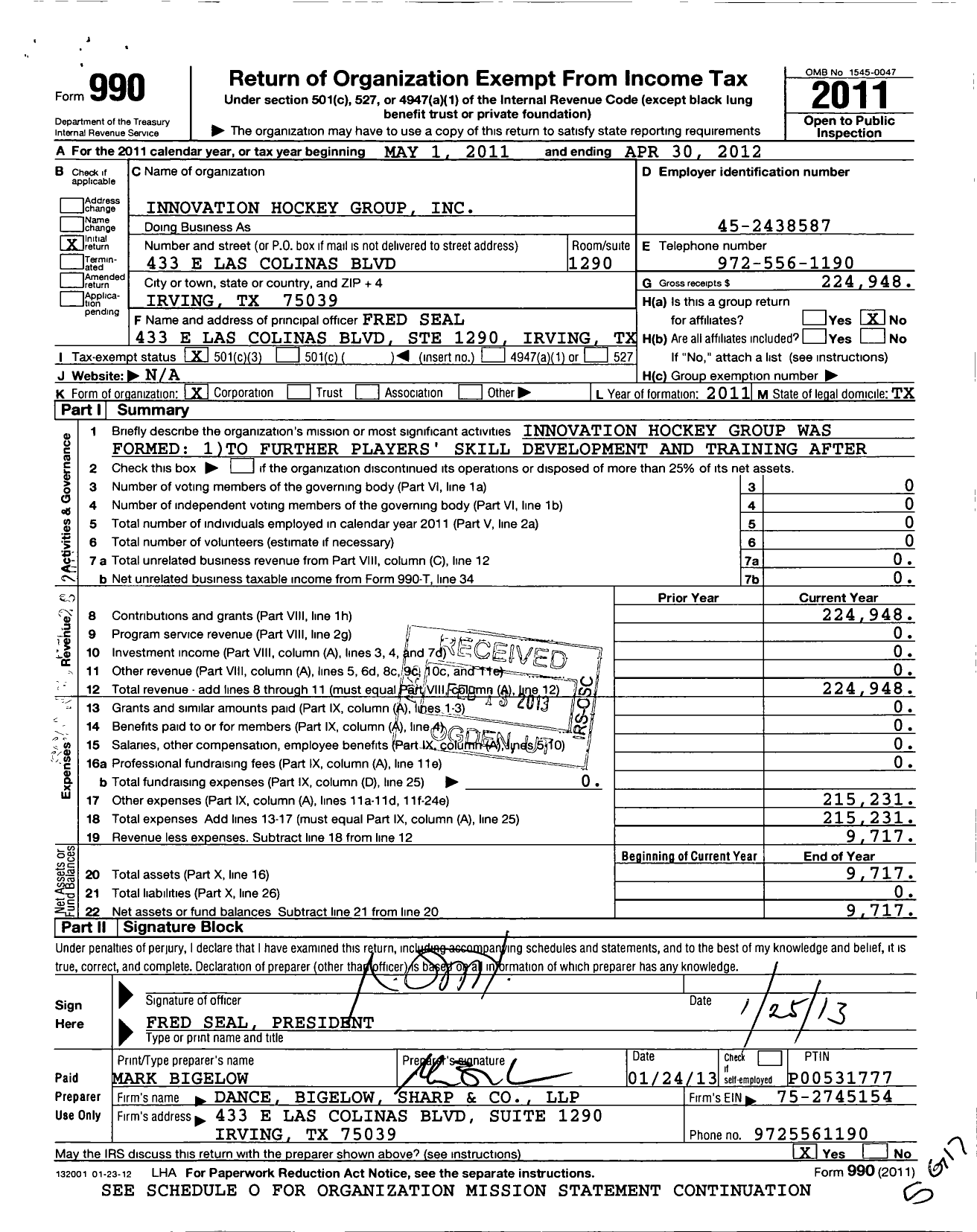 Image of first page of 2011 Form 990 for Innovation Hockey Group