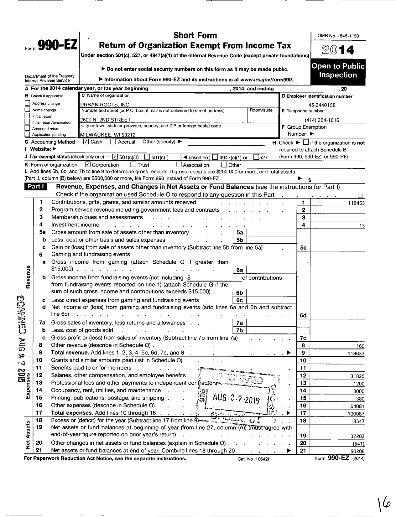 Image of first page of 2014 Form 990EZ for Urban Roots