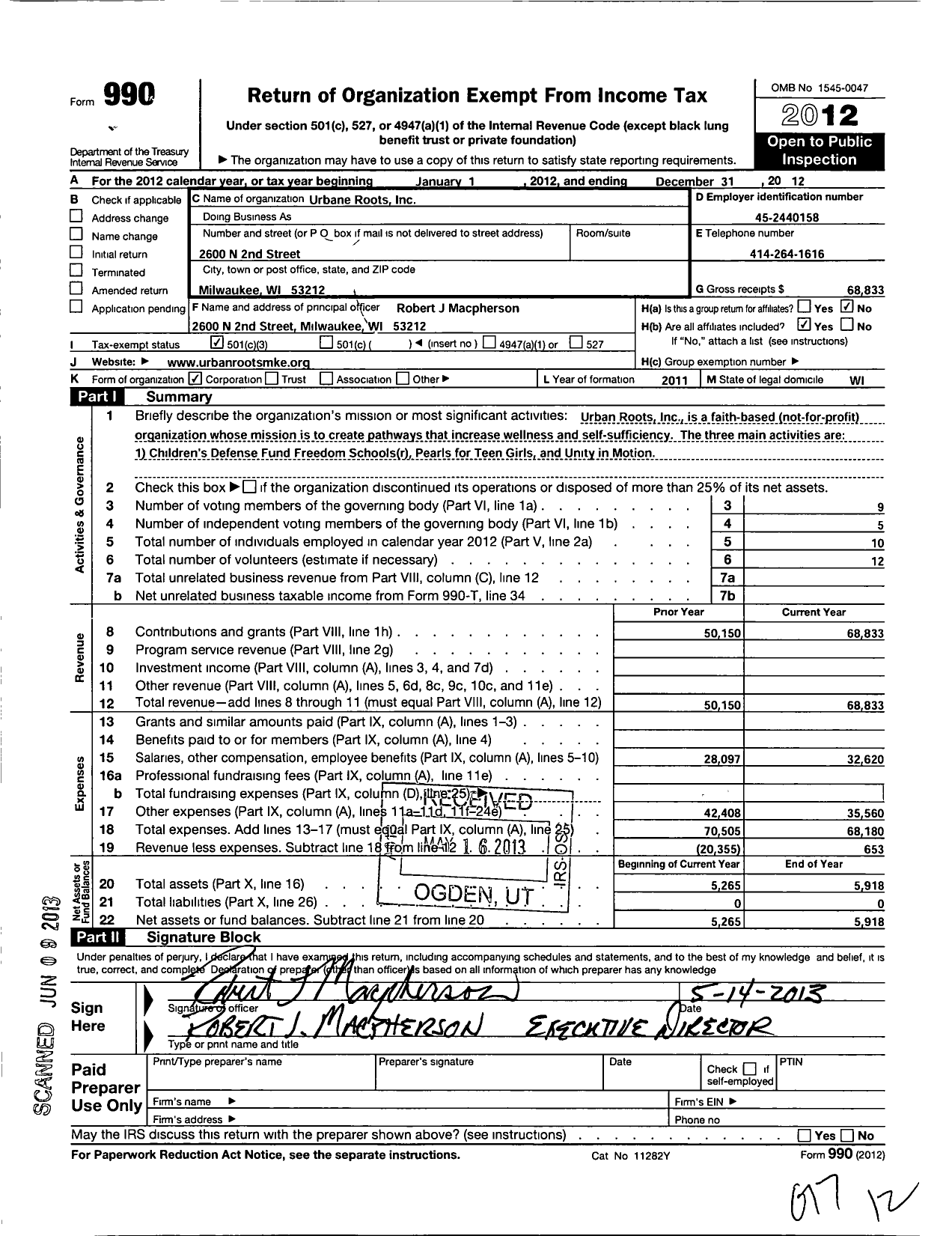 Image of first page of 2012 Form 990 for Urban Roots