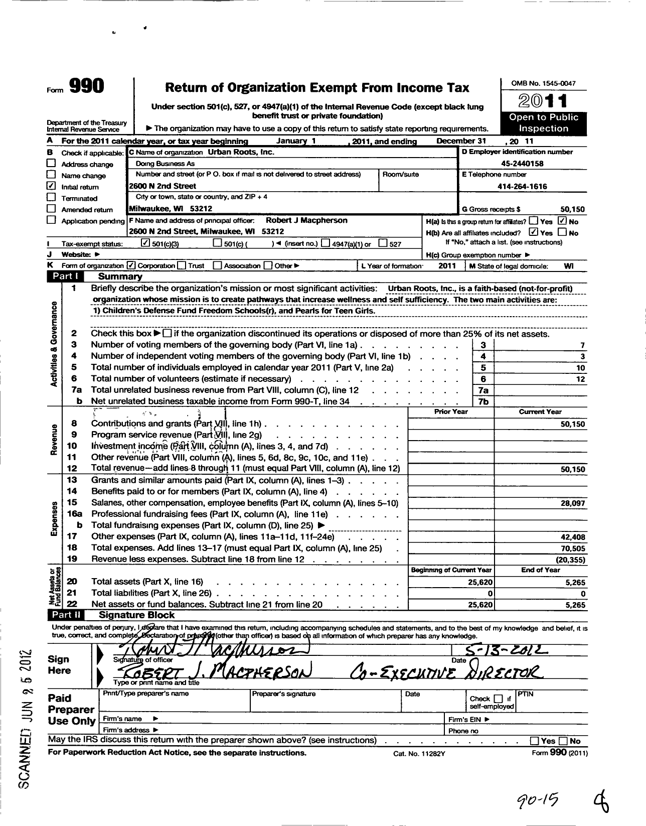 Image of first page of 2011 Form 990 for Urban Roots