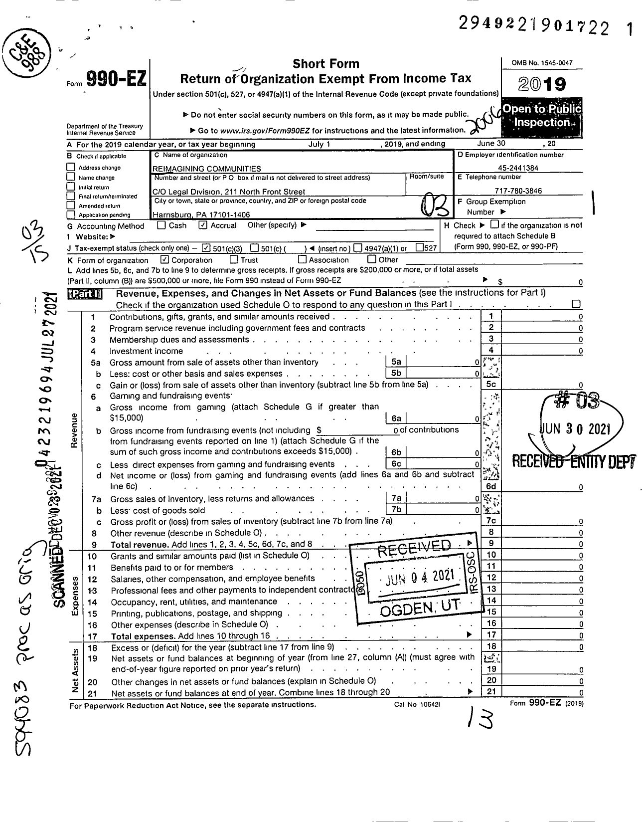 Image of first page of 2019 Form 990EZ for Reimagining Communities