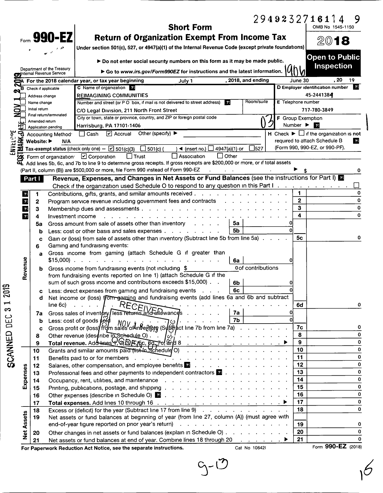 Image of first page of 2018 Form 990EZ for Reimagining Communities