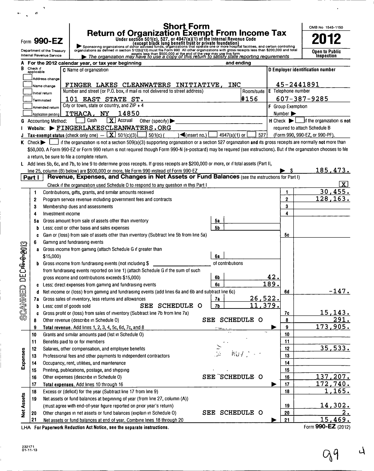 Image of first page of 2012 Form 990EZ for Finger Lakes Cleanwaters Initiative