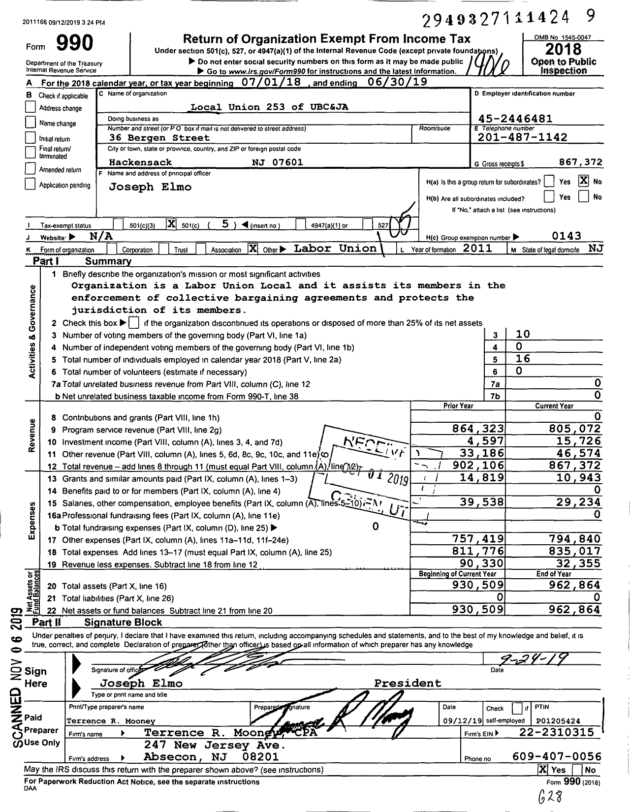 Image of first page of 2018 Form 990O for United Brotherhood of Carpenters & Joiners - 253 Local