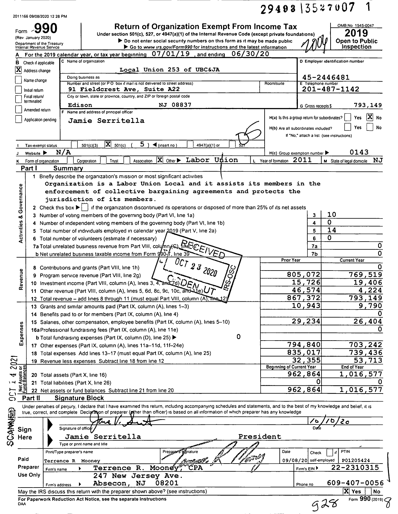 Image of first page of 2019 Form 990O for United Brotherhood of Carpenters & Joiners - 253 Local