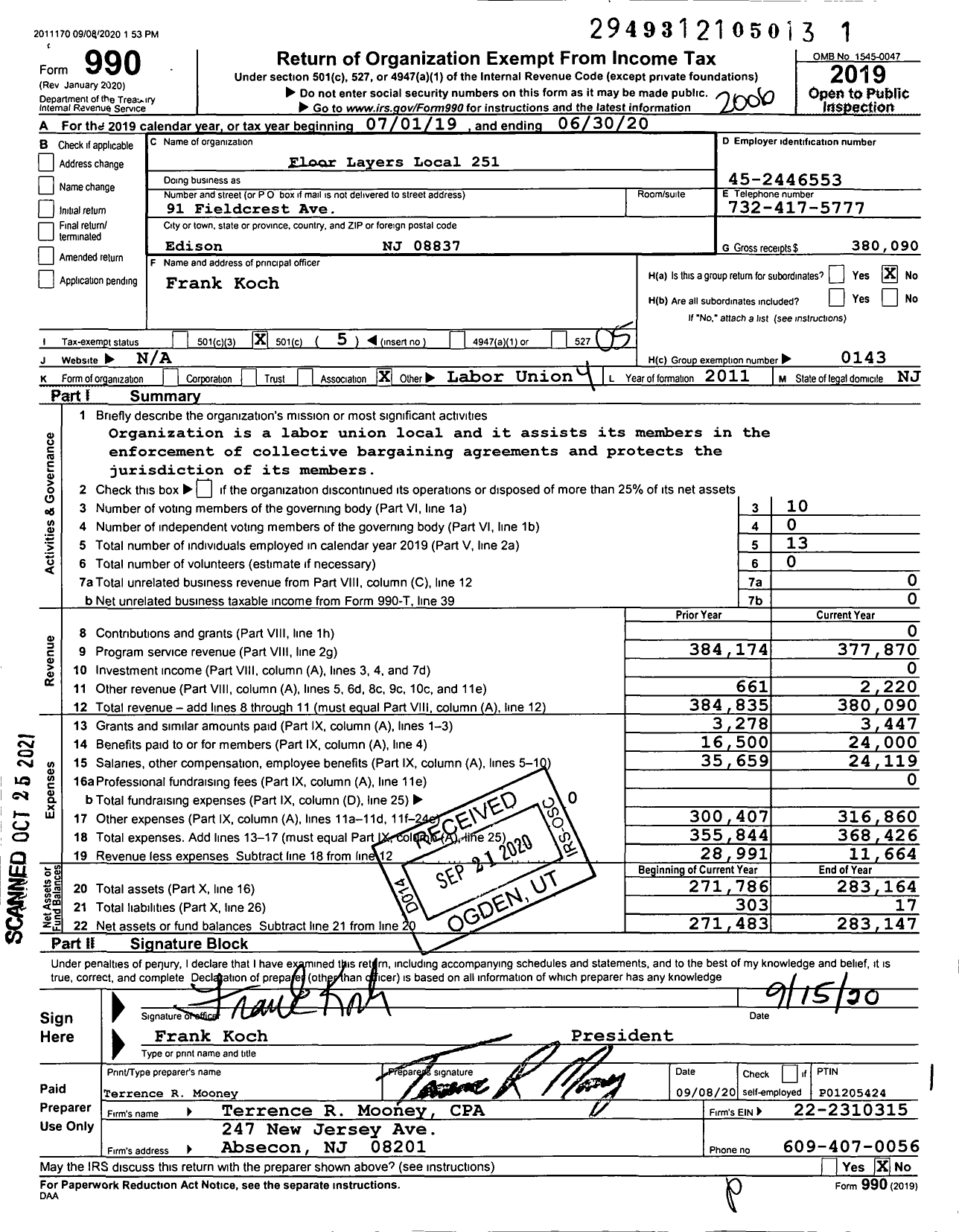 Image of first page of 2019 Form 990O for United Brotherhood of Carpenters & Joiners - 251 Local