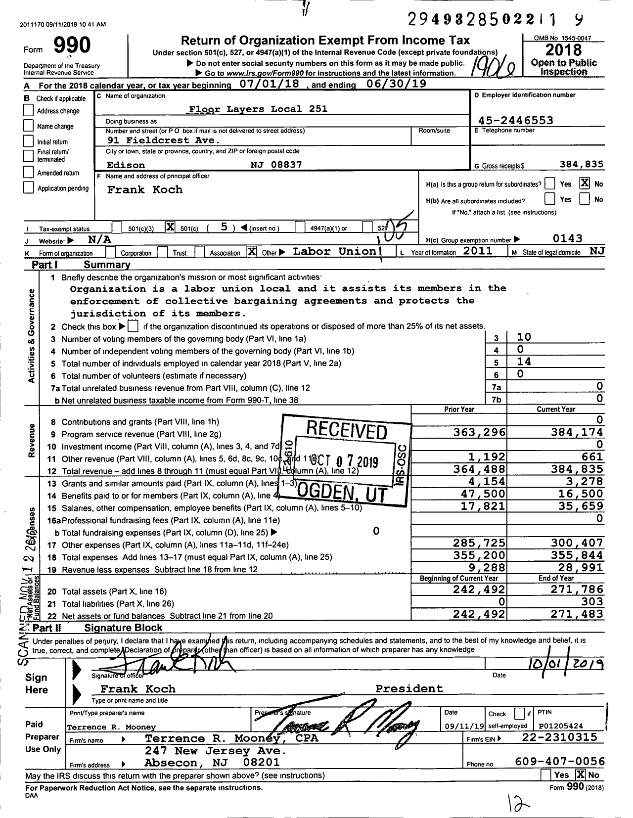 Image of first page of 2018 Form 990O for United Brotherhood of Carpenters & Joiners - 251 Local