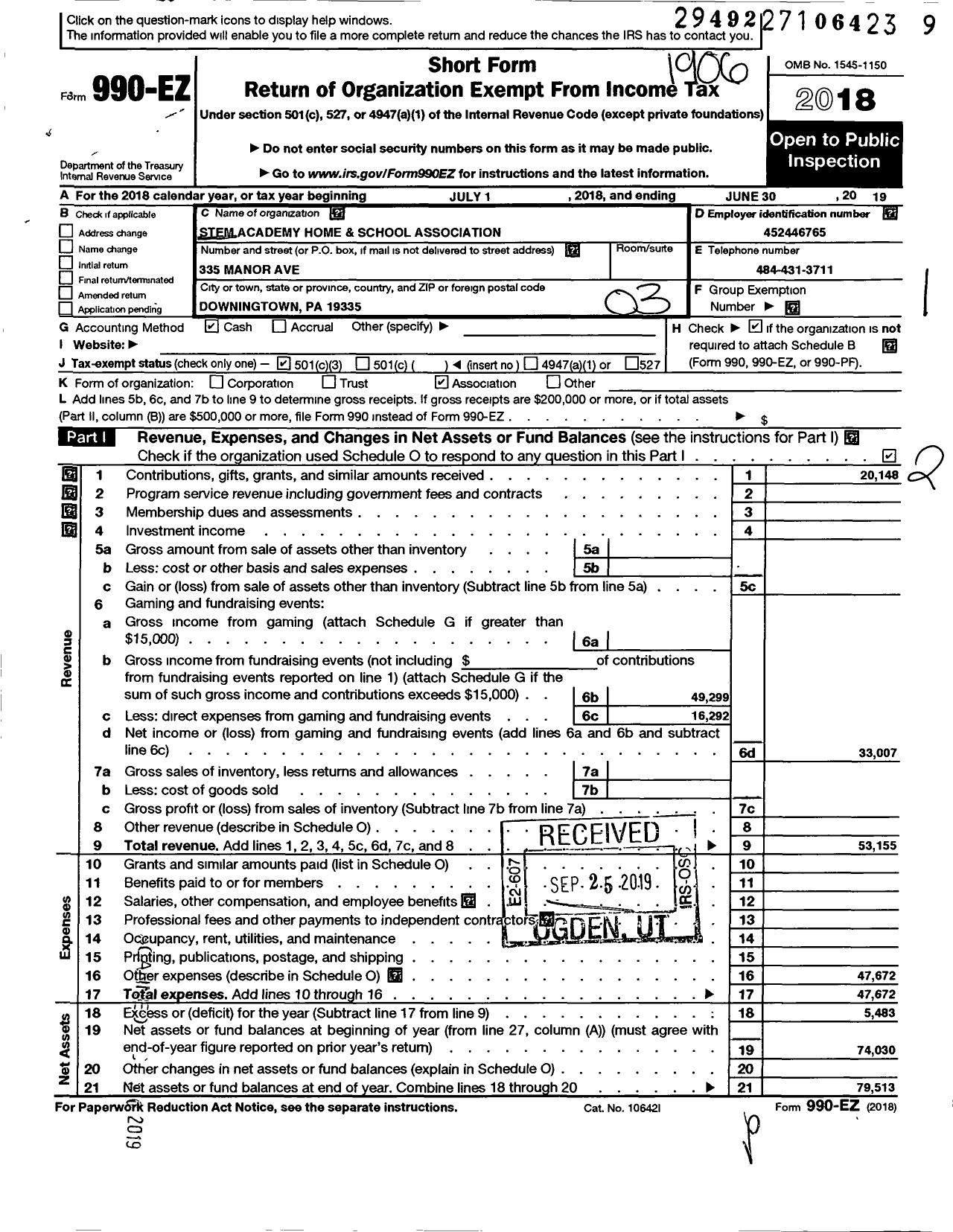 Image of first page of 2018 Form 990EZ for Stem Academy Home and School Association