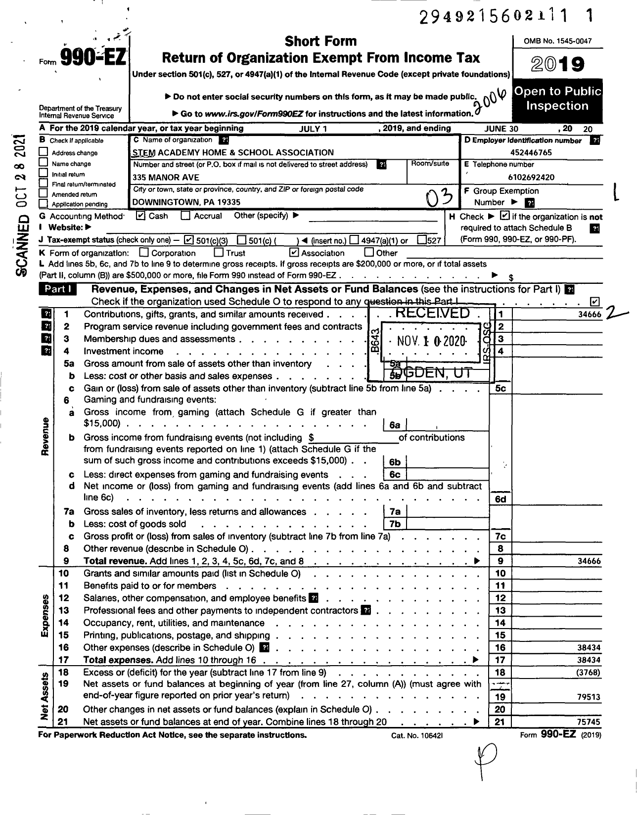 Image of first page of 2019 Form 990EZ for Stem Academy Home and School Association