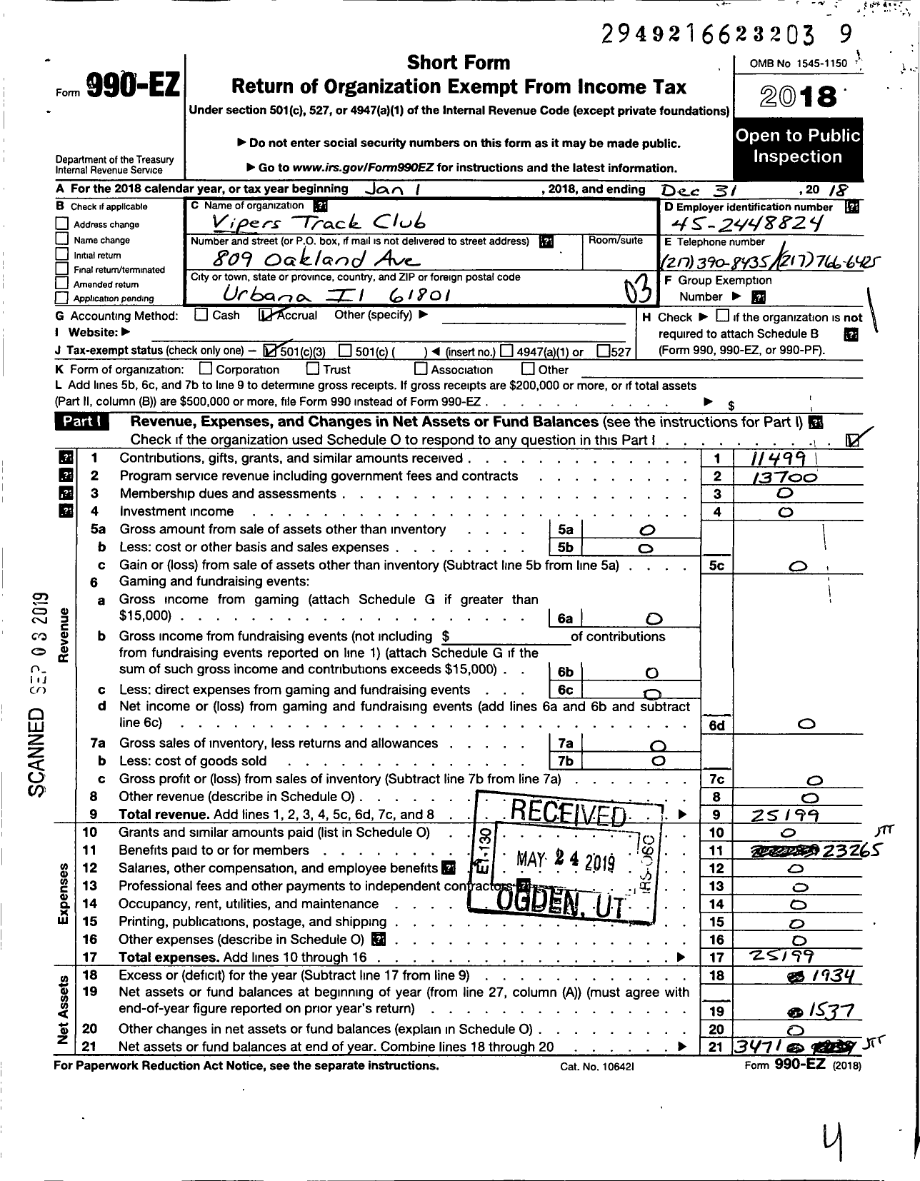 Image of first page of 2018 Form 990EZ for Vipers Track Club