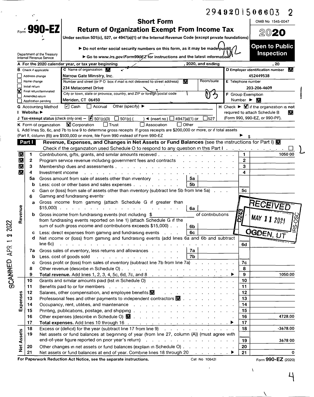 Image of first page of 2020 Form 990EZ for Narrow Gate Ministry