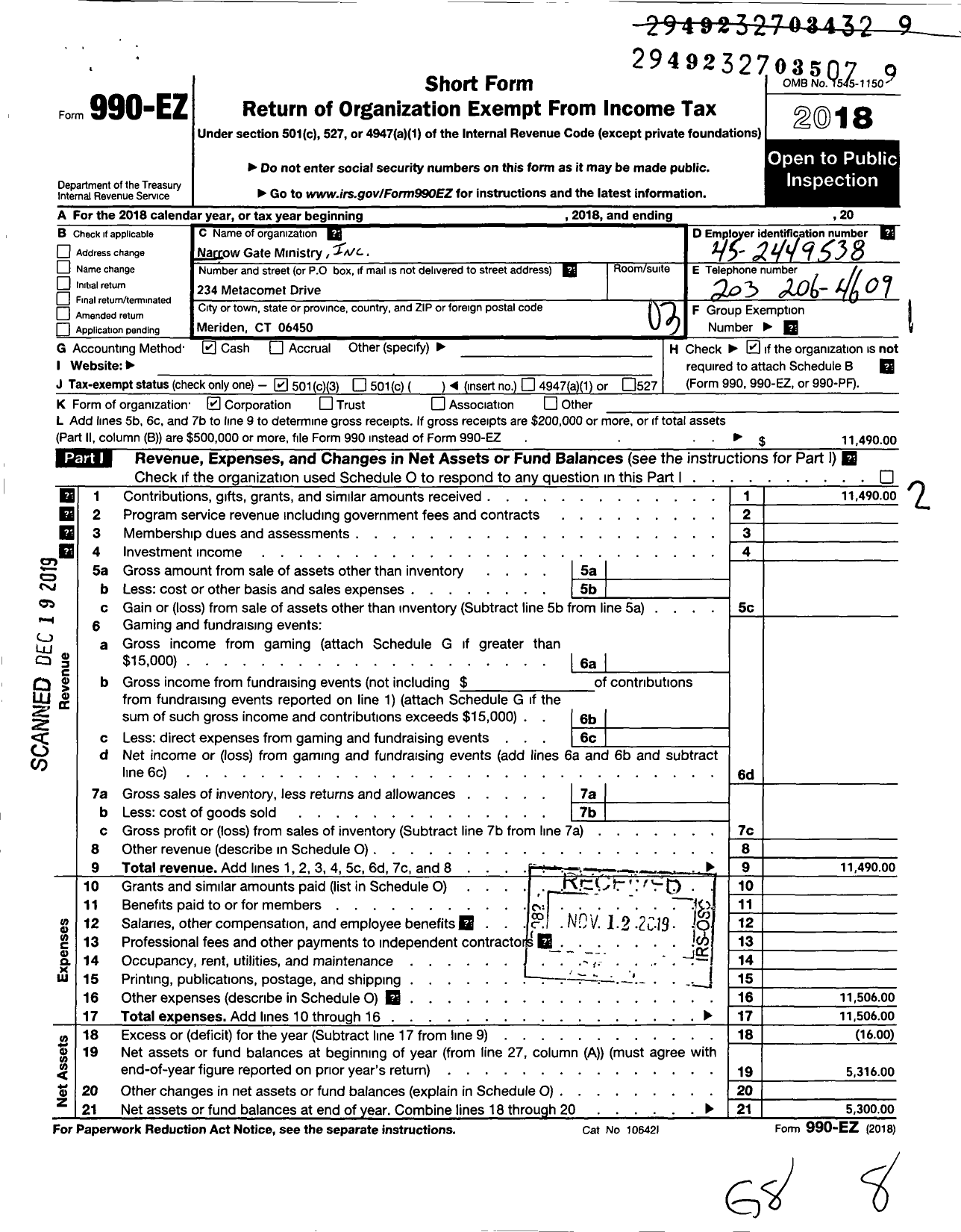 Image of first page of 2018 Form 990EZ for Narrow Gate Ministry