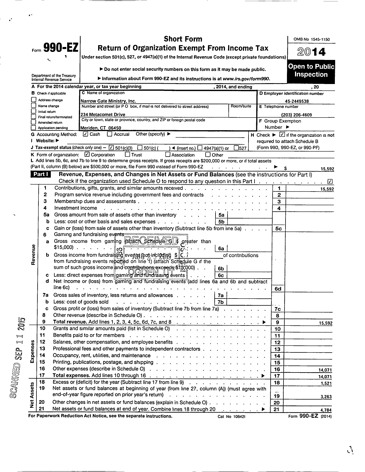 Image of first page of 2014 Form 990EZ for Narrow Gate Ministry