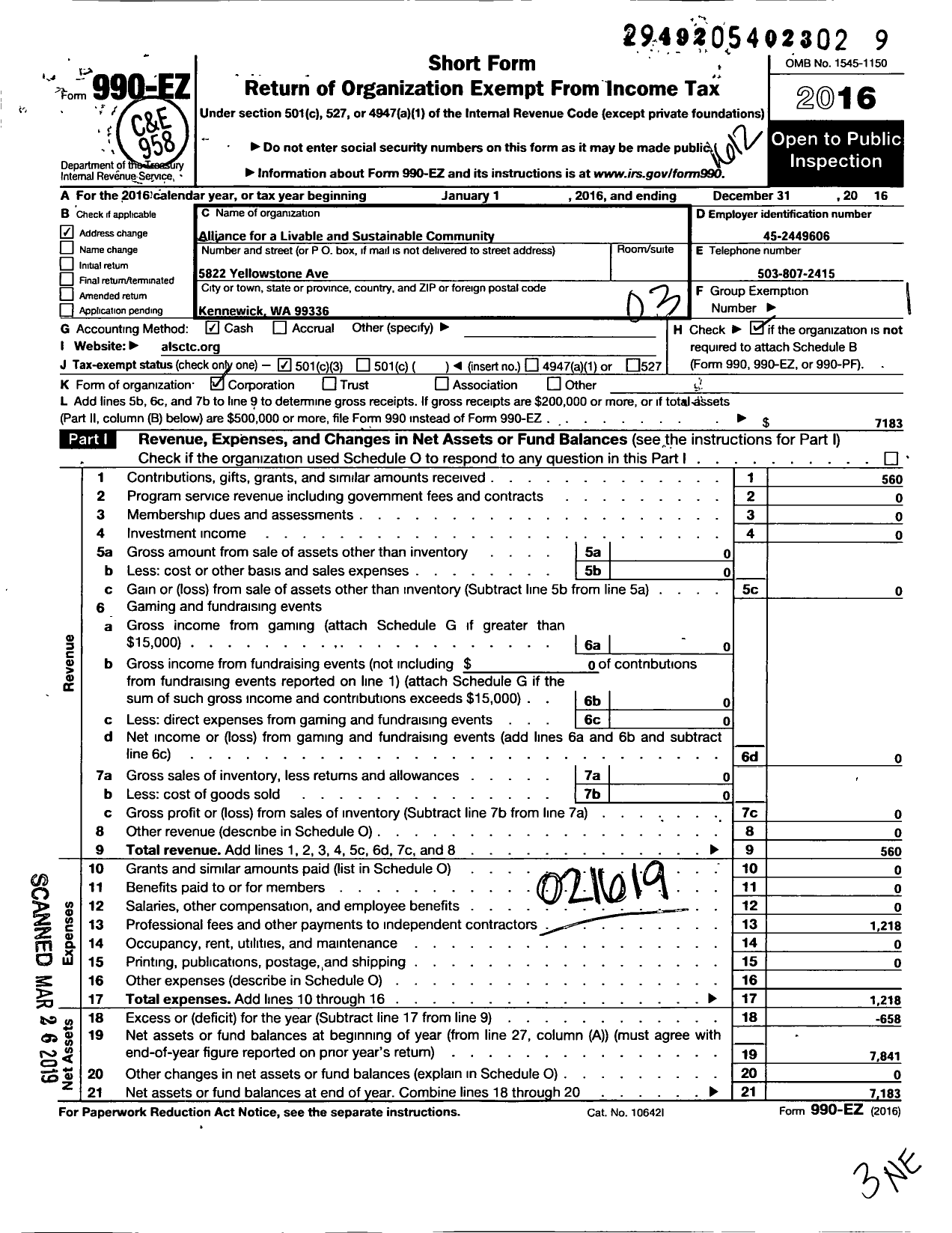 Image of first page of 2016 Form 990EZ for Alliance for A Livable and Sustainable Community