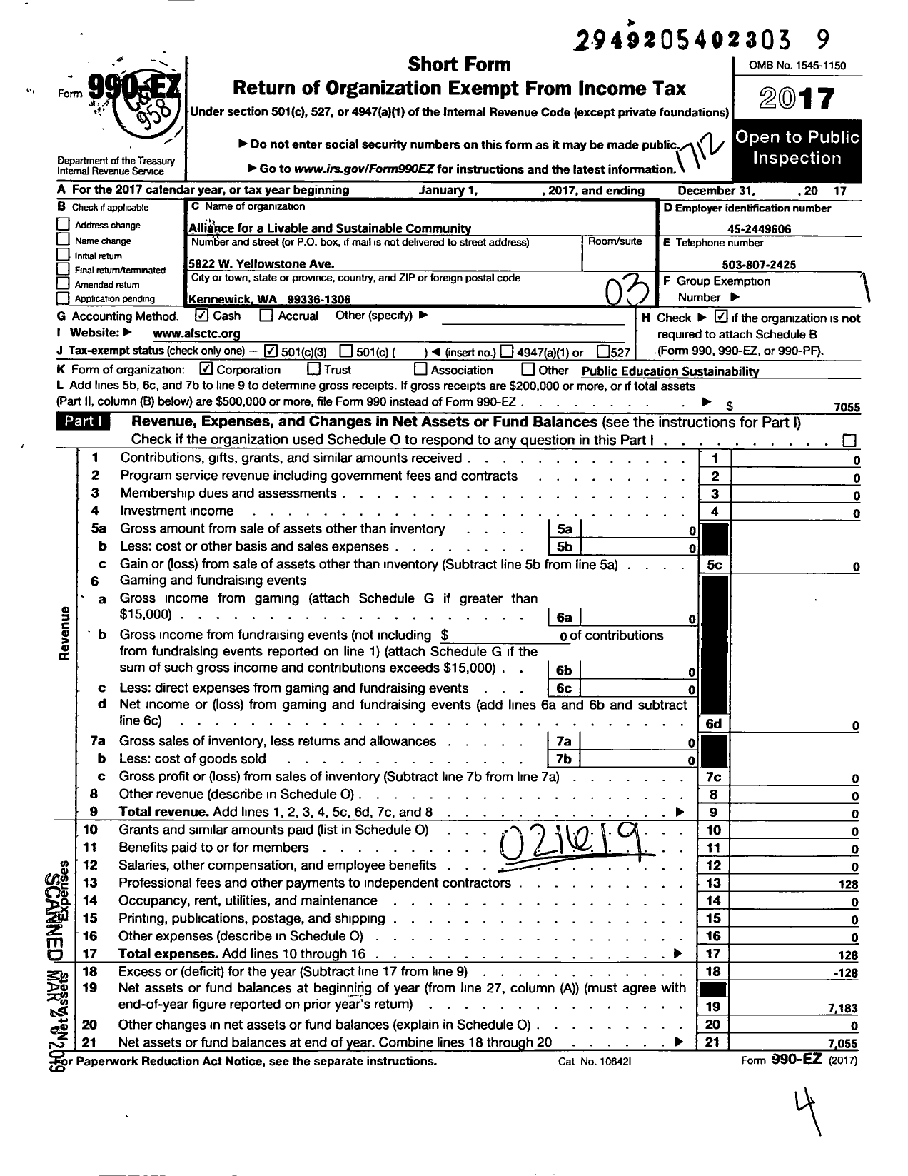 Image of first page of 2017 Form 990EZ for Alliance for A Livable and Sustainable Community