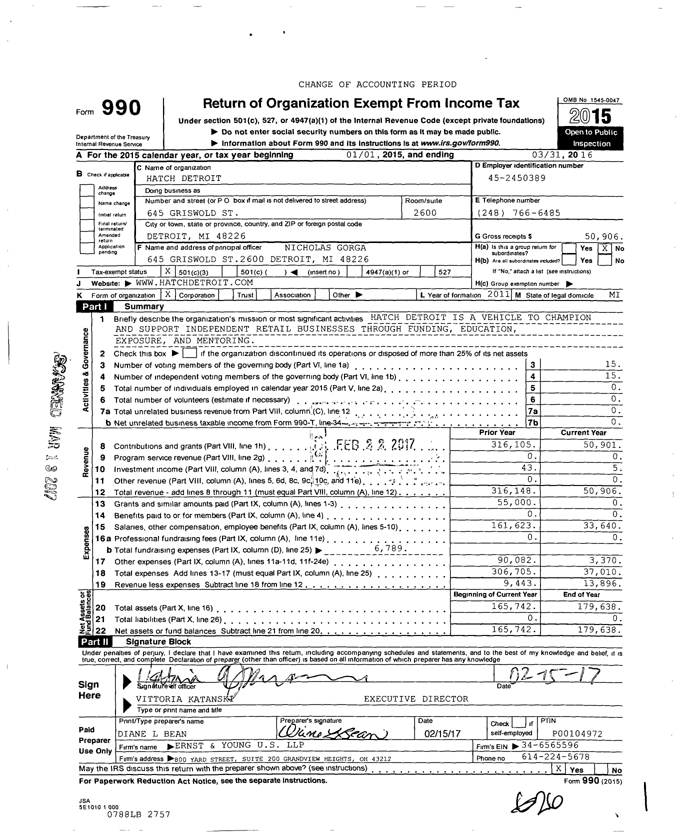 Image of first page of 2015 Form 990 for Hatch Detroit