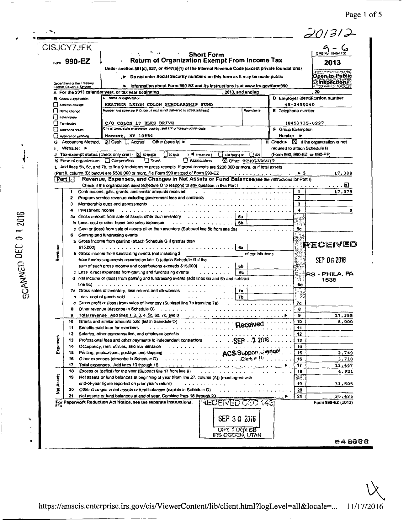 Image of first page of 2013 Form 990EZ for Heather Leigh Colon Scholorship Fund