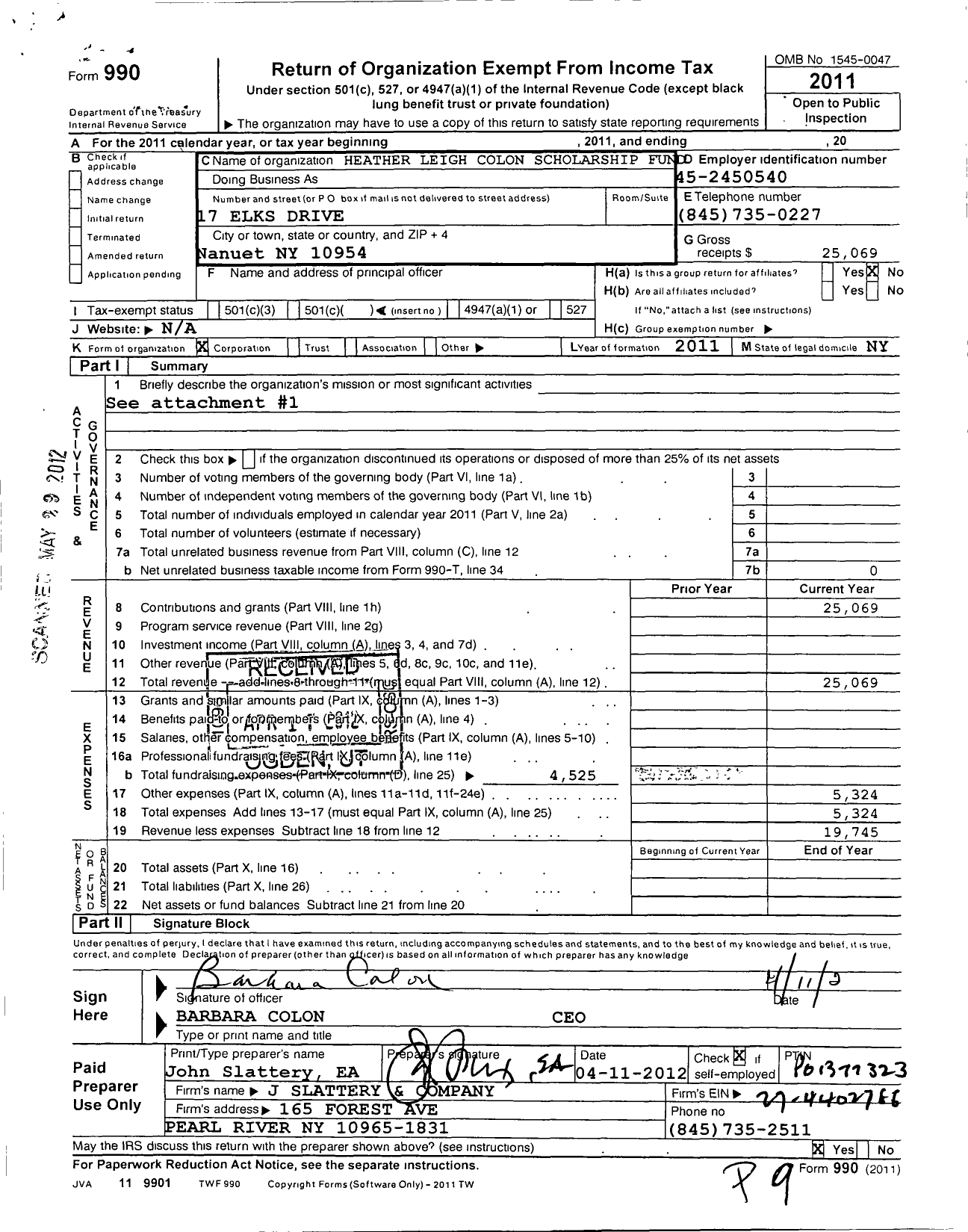 Image of first page of 2011 Form 990O for Heather Leigh Colon Scholorship Fund