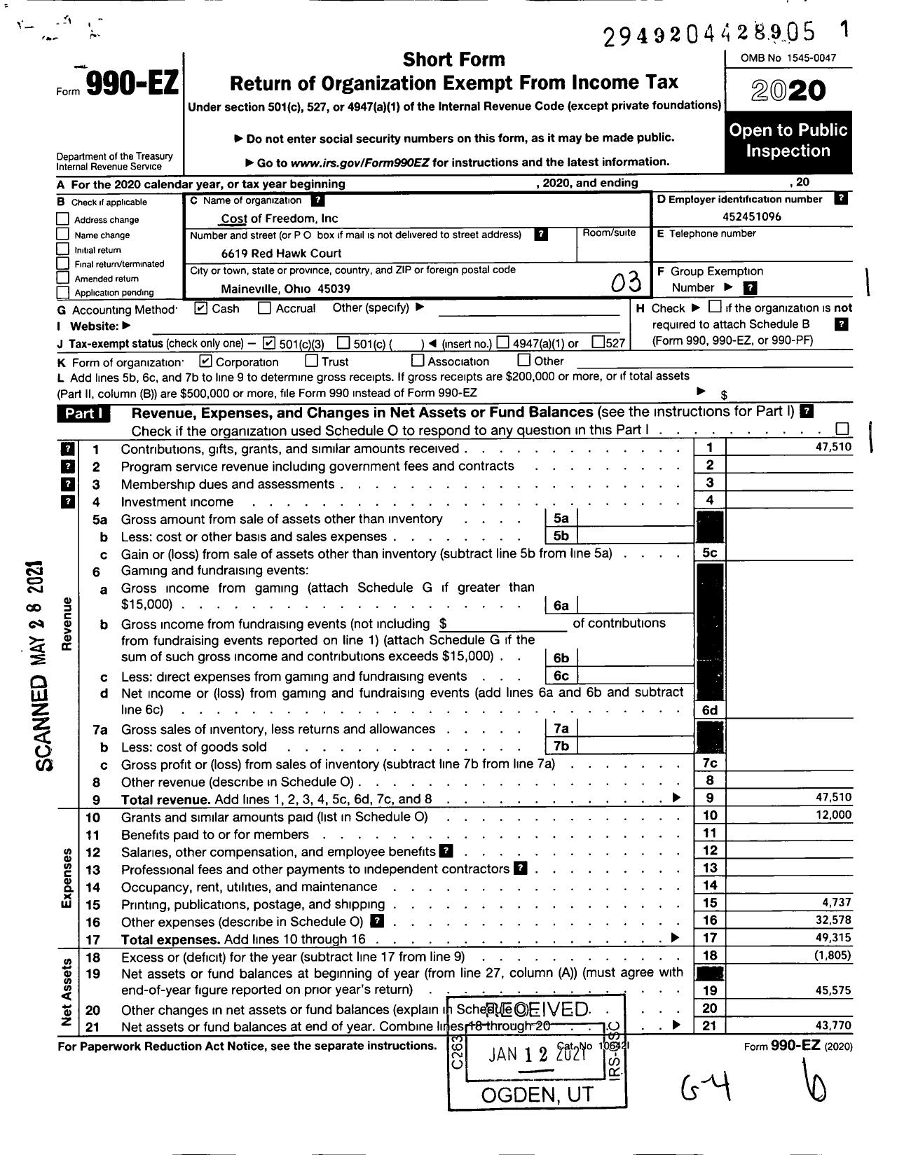 Image of first page of 2020 Form 990EZ for Cost of Freedom