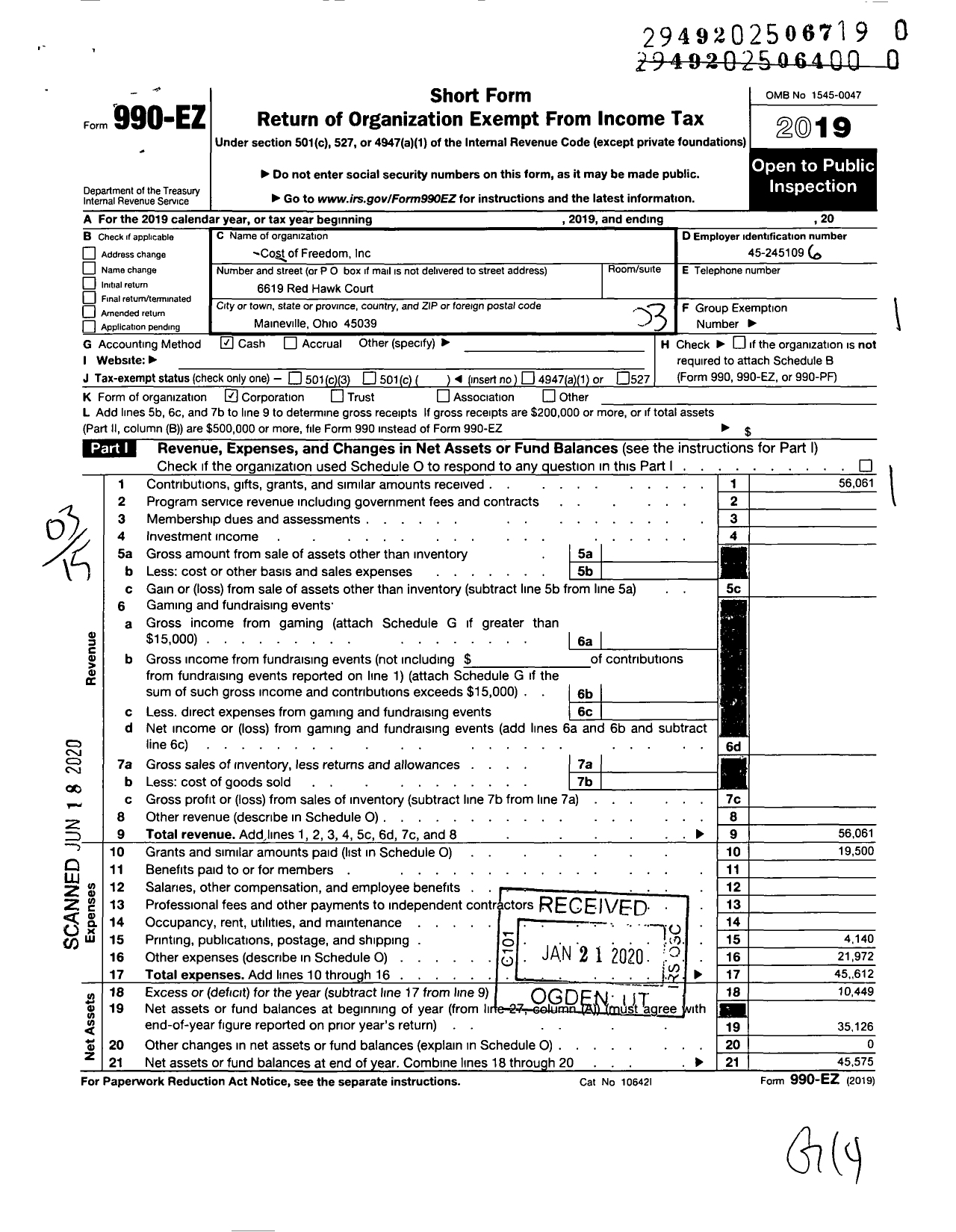 Image of first page of 2019 Form 990EZ for Cost of Freedom