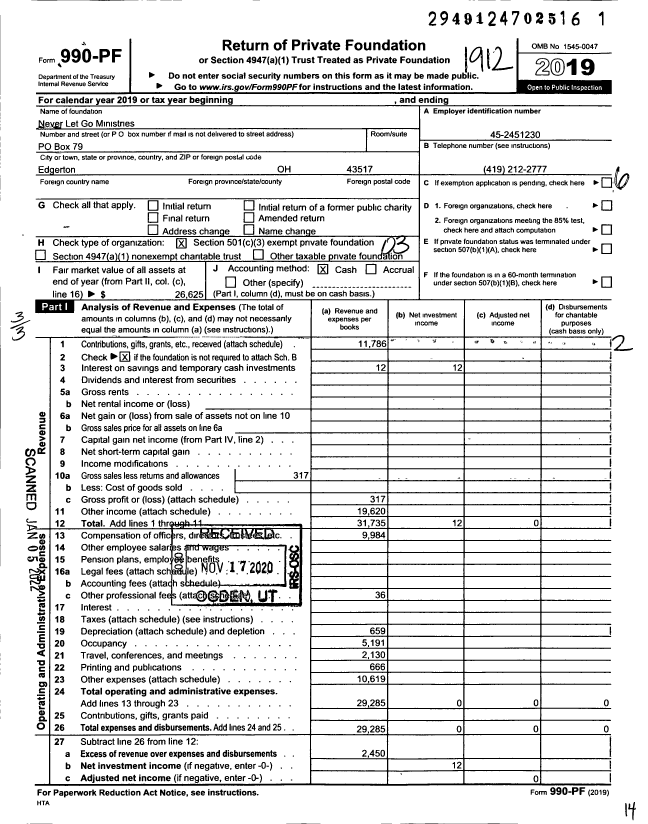 Image of first page of 2019 Form 990PF for Never Let Go Ministries