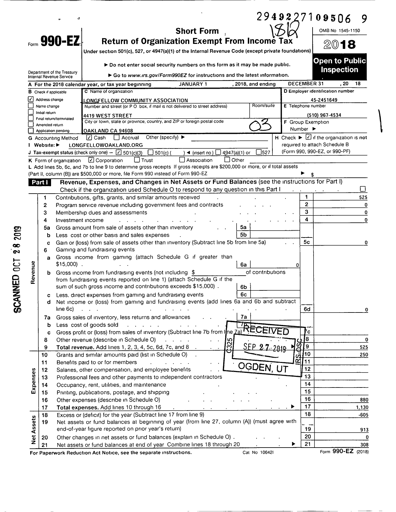 Image of first page of 2018 Form 990EZ for Longfellow Community Association