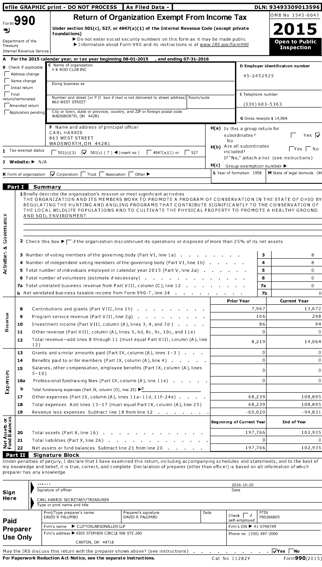 Image of first page of 2015 Form 990O for Y K Rod Club