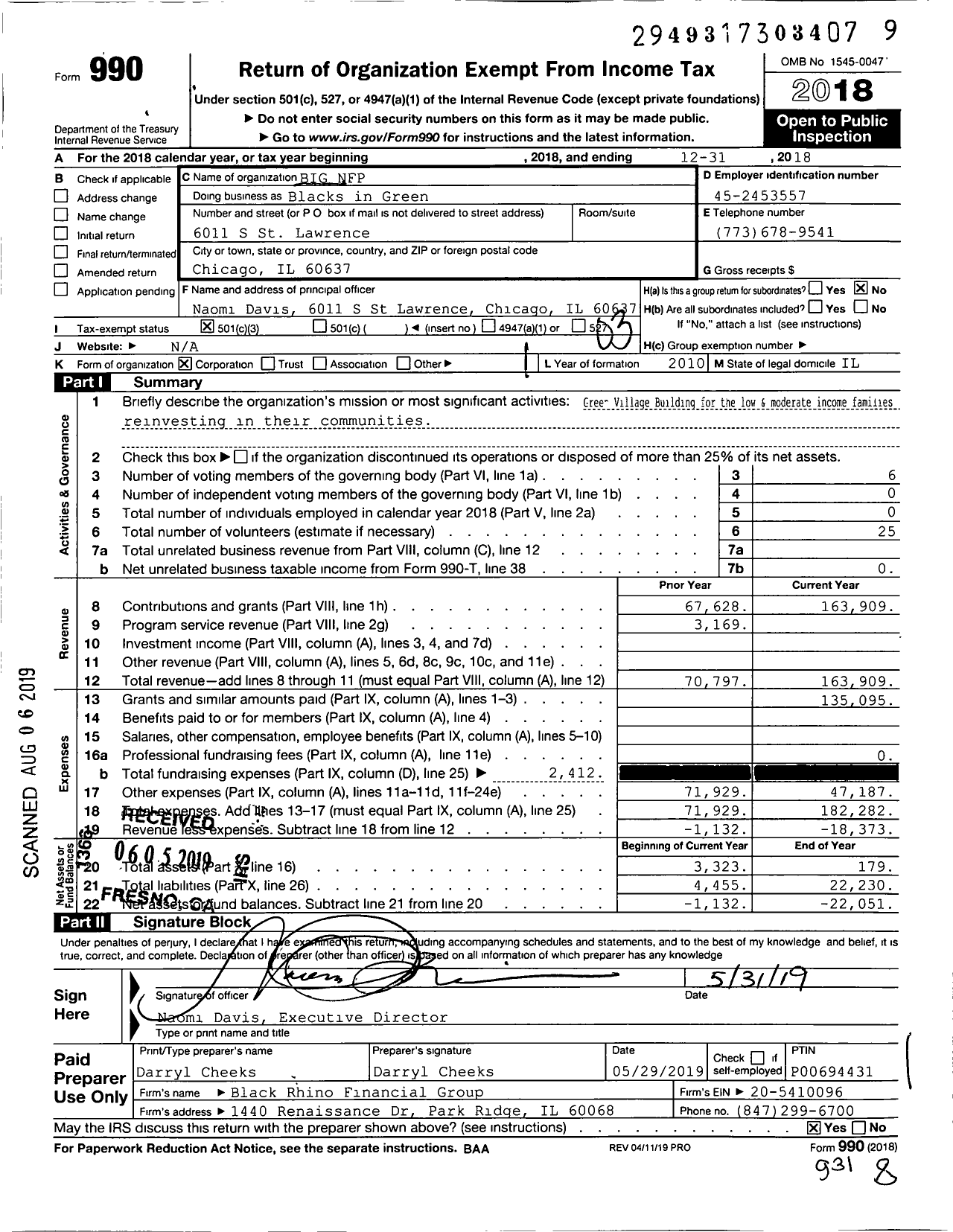 Image of first page of 2018 Form 990 for Blacks in Green