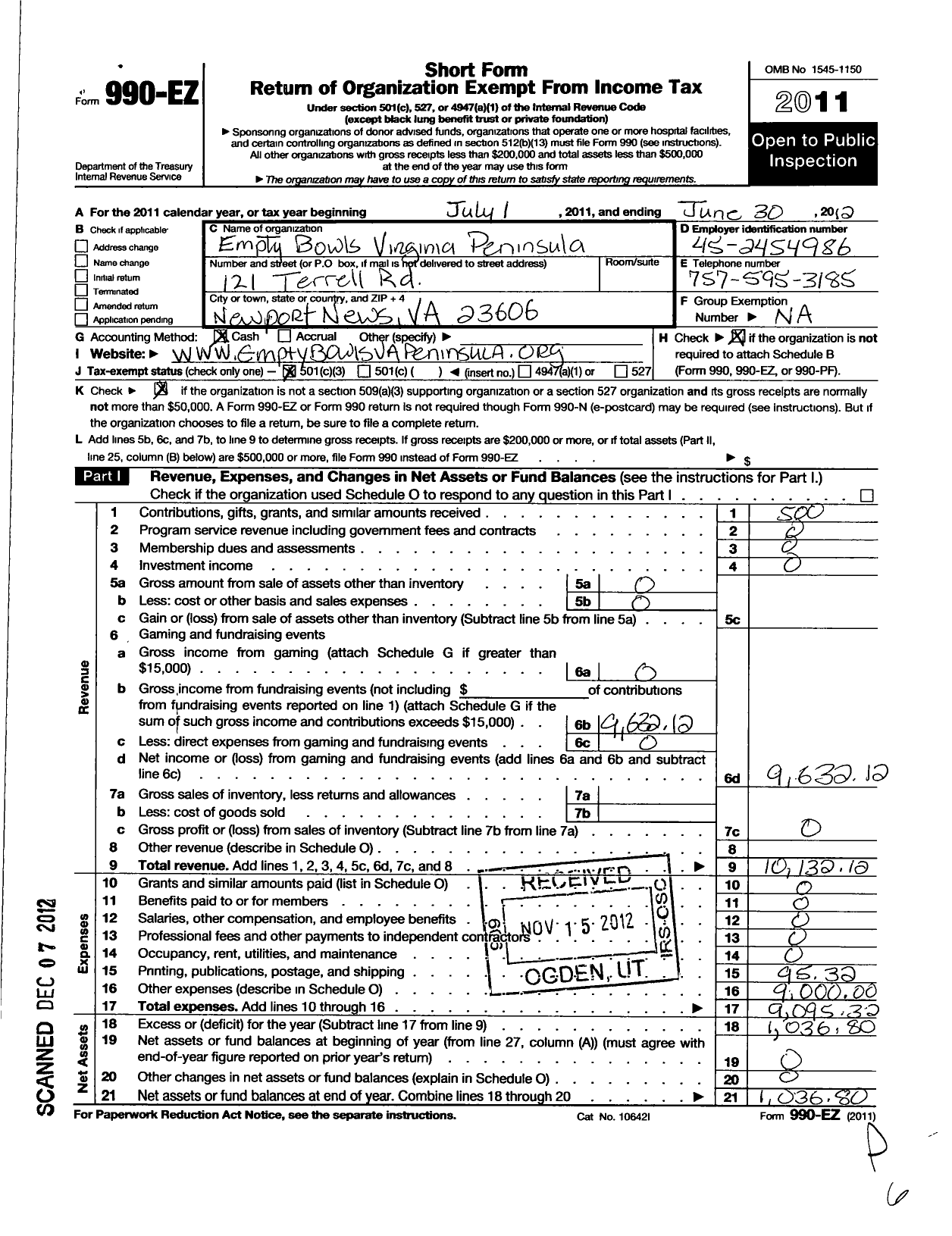 Image of first page of 2011 Form 990EZ for Empty Bowls Virginia Peninsula