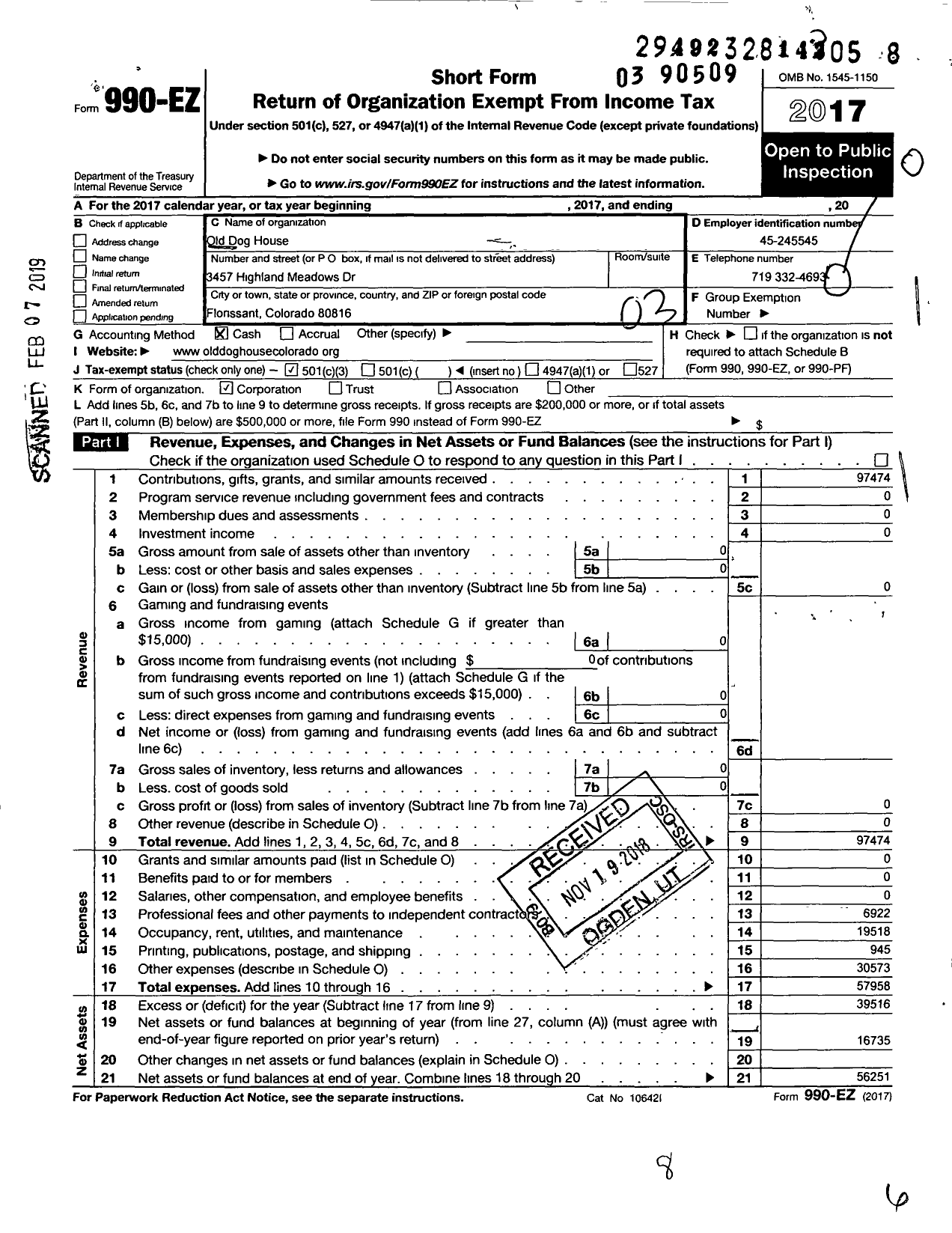 Image of first page of 2017 Form 990EZ for Old Dog House