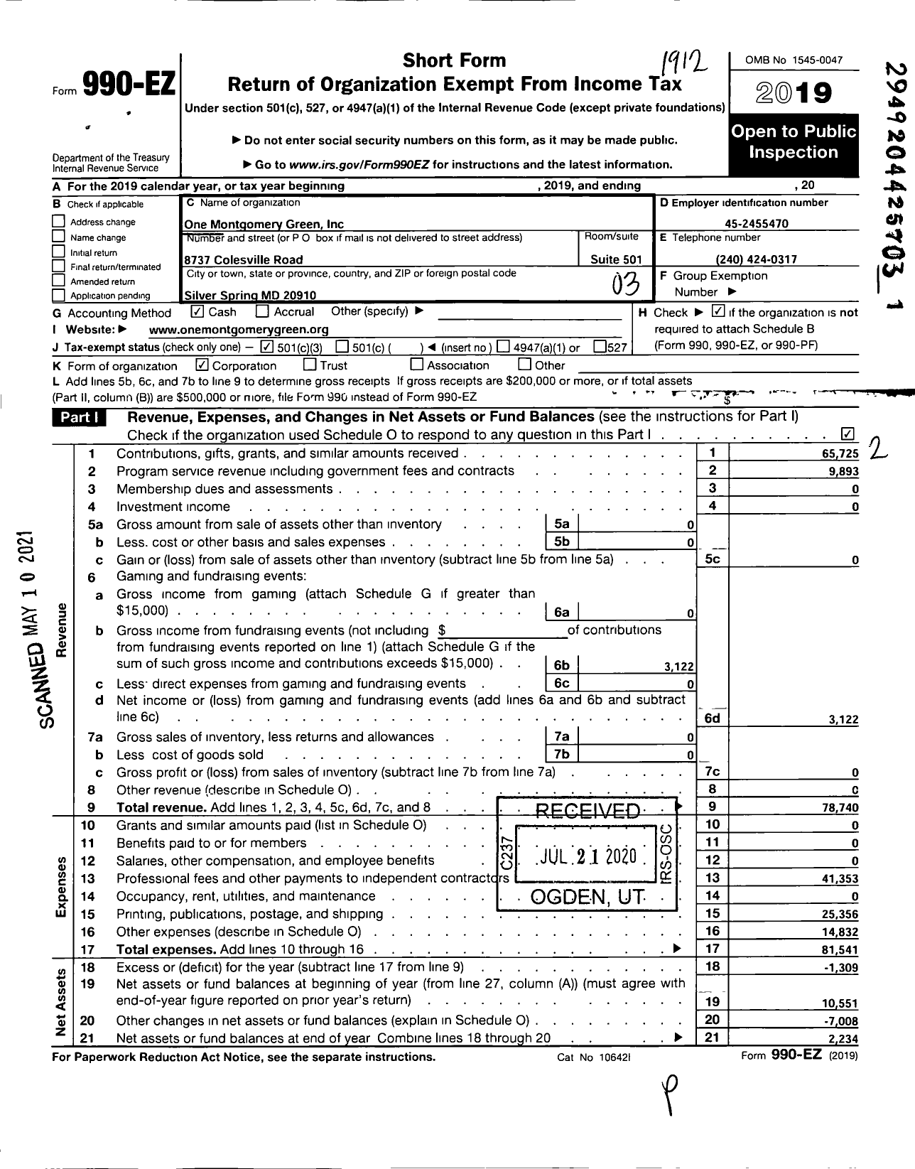 Image of first page of 2019 Form 990EZ for One Montgomery Green