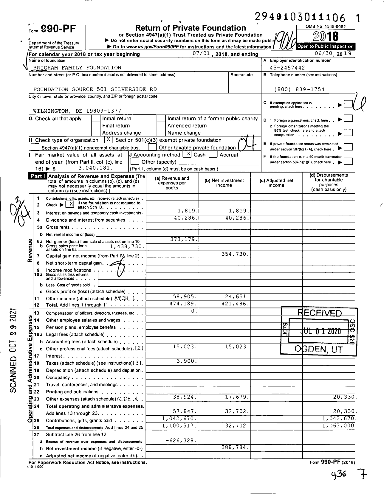 Image of first page of 2018 Form 990PF for Brigham Family Foundation