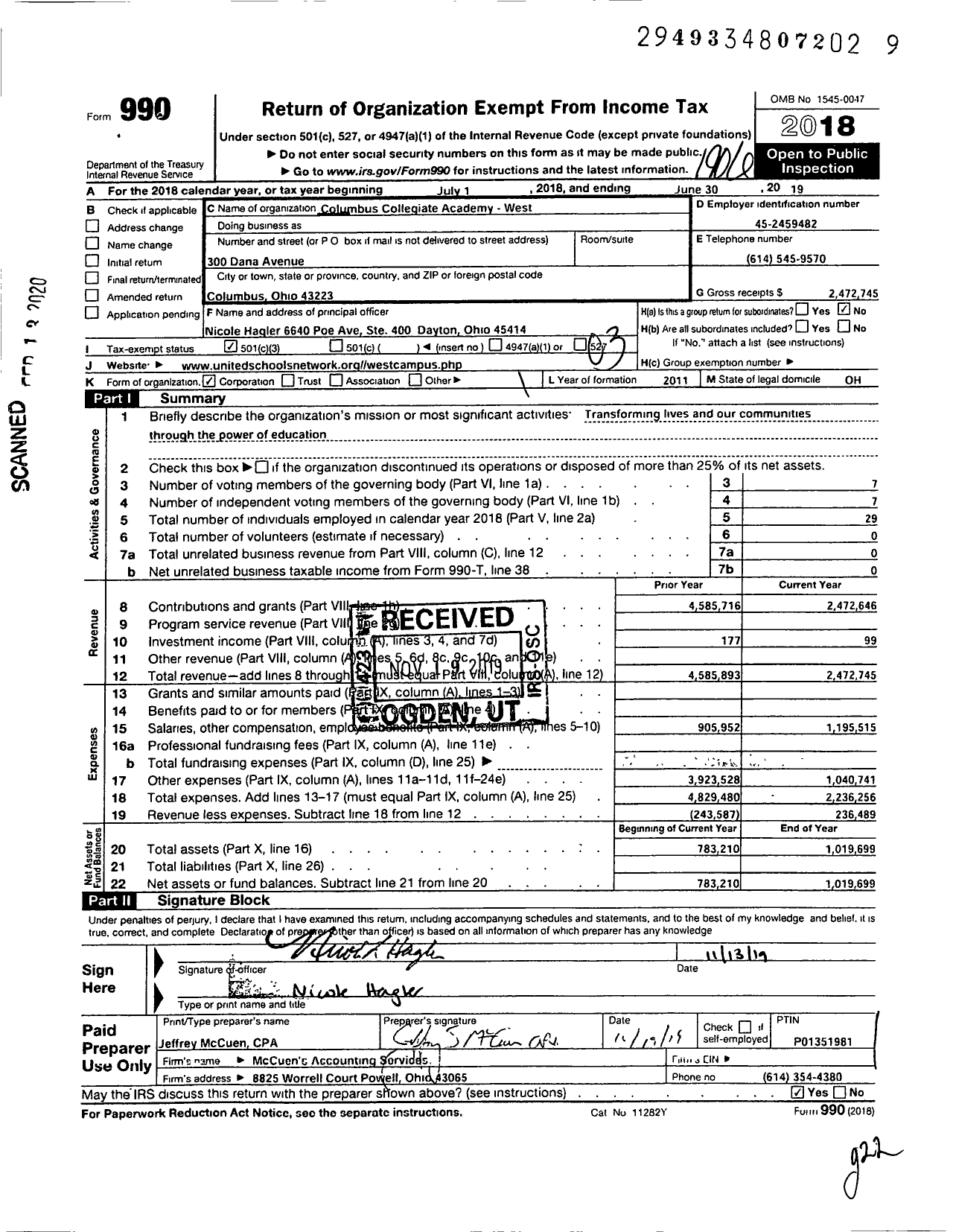 Image of first page of 2018 Form 990 for Columbus Collegiate Academy West