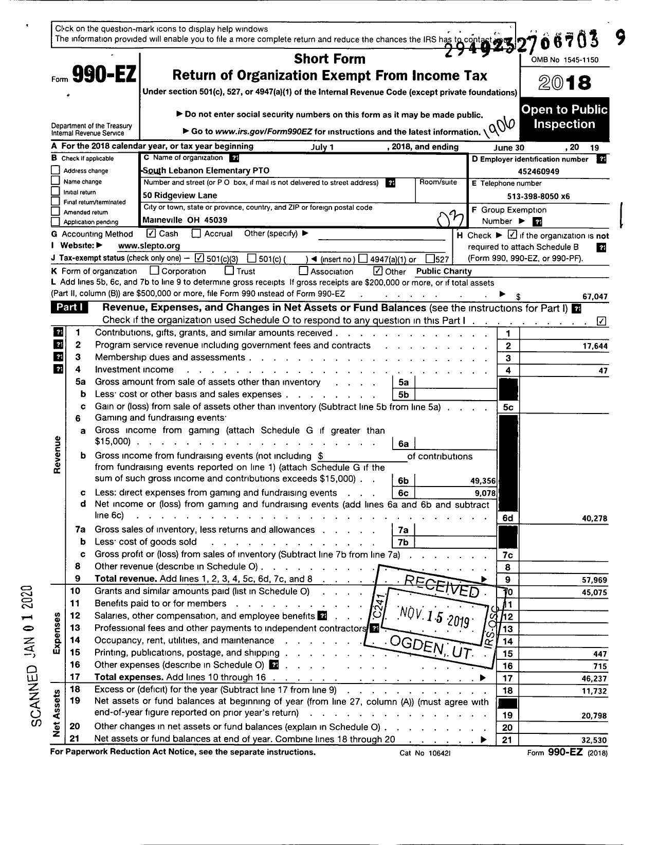 Image of first page of 2018 Form 990EZ for South Lebanon Elementary PTO