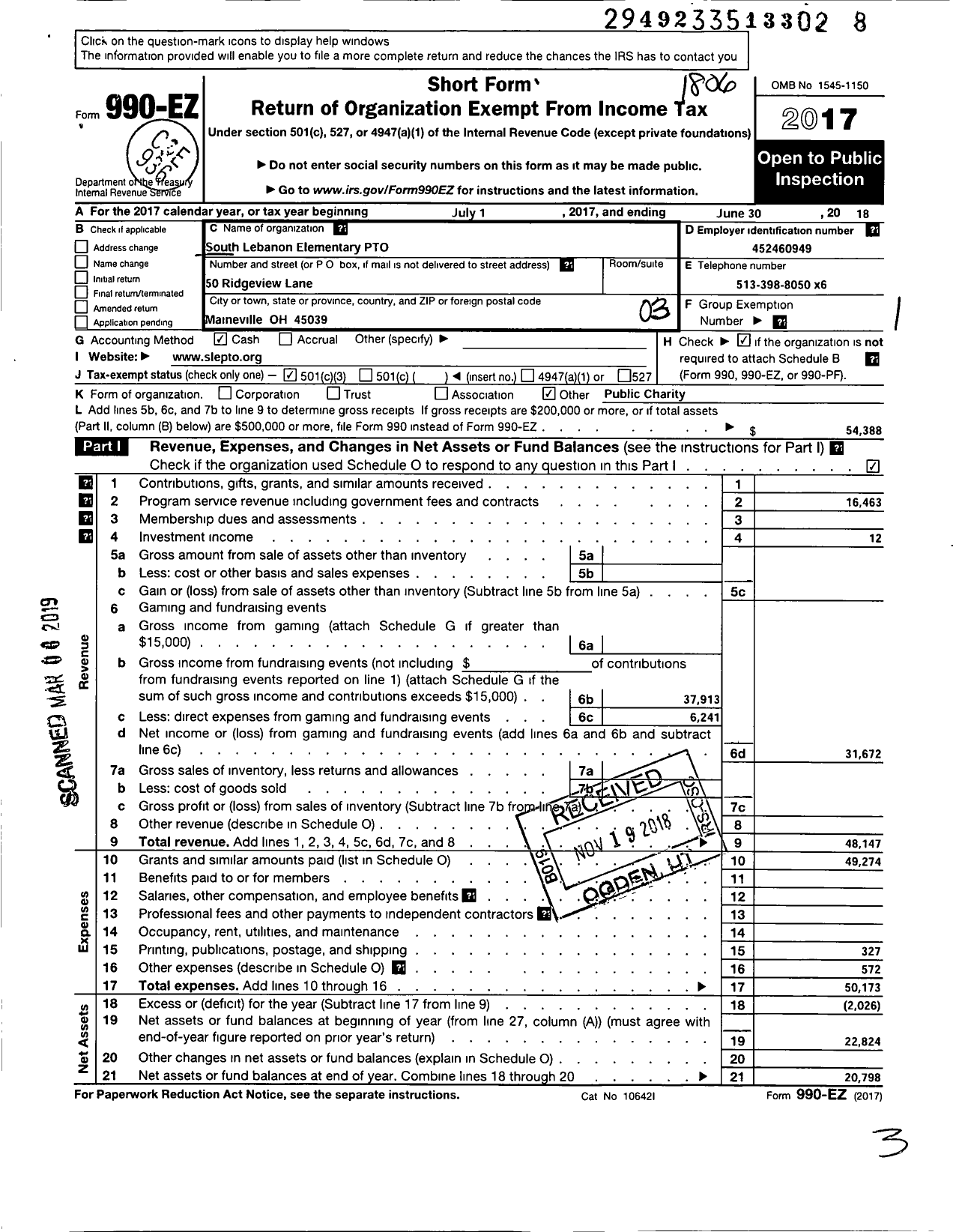 Image of first page of 2017 Form 990EZ for South Lebanon Elementary PTO