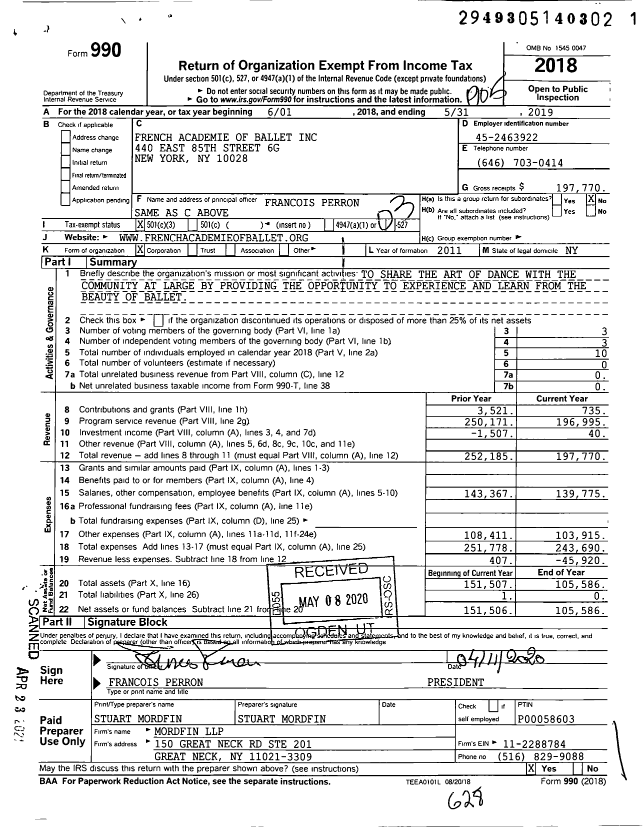 Image of first page of 2018 Form 990 for French Academie of Ballet