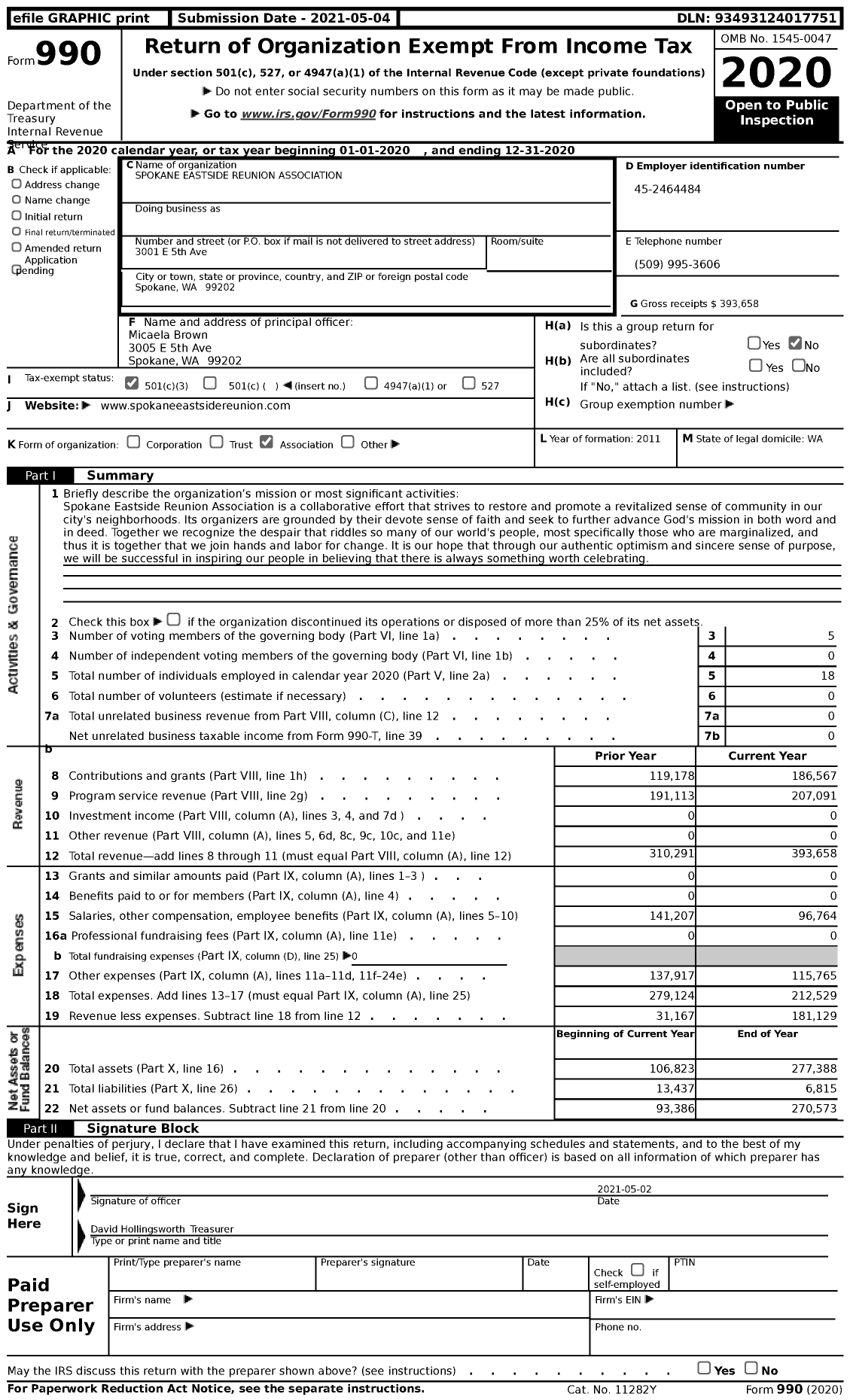 Image of first page of 2020 Form 990 for Spokane Eastside Reunion Association