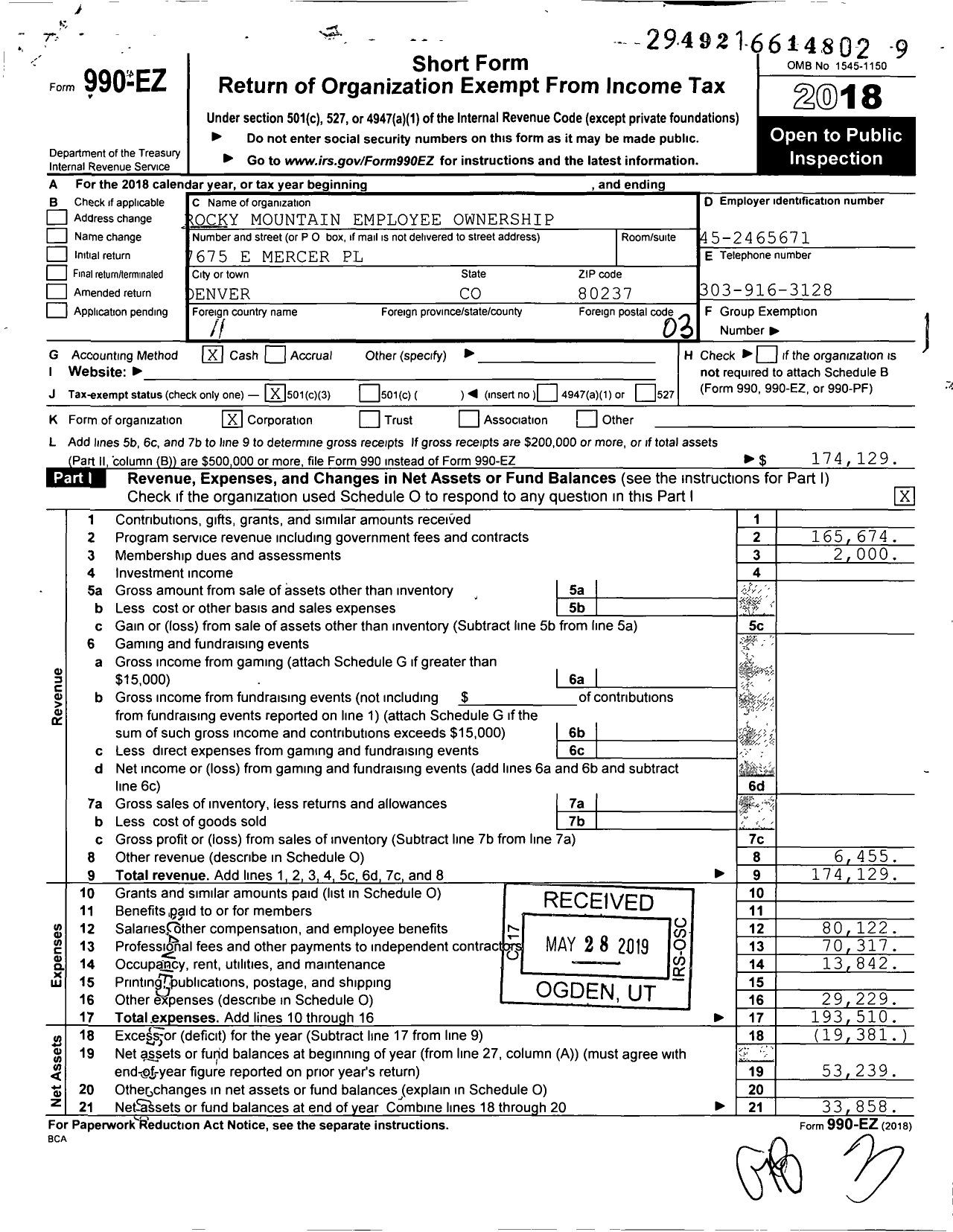 Image of first page of 2018 Form 990EZ for Rocky Mountain Employee Ownership Center