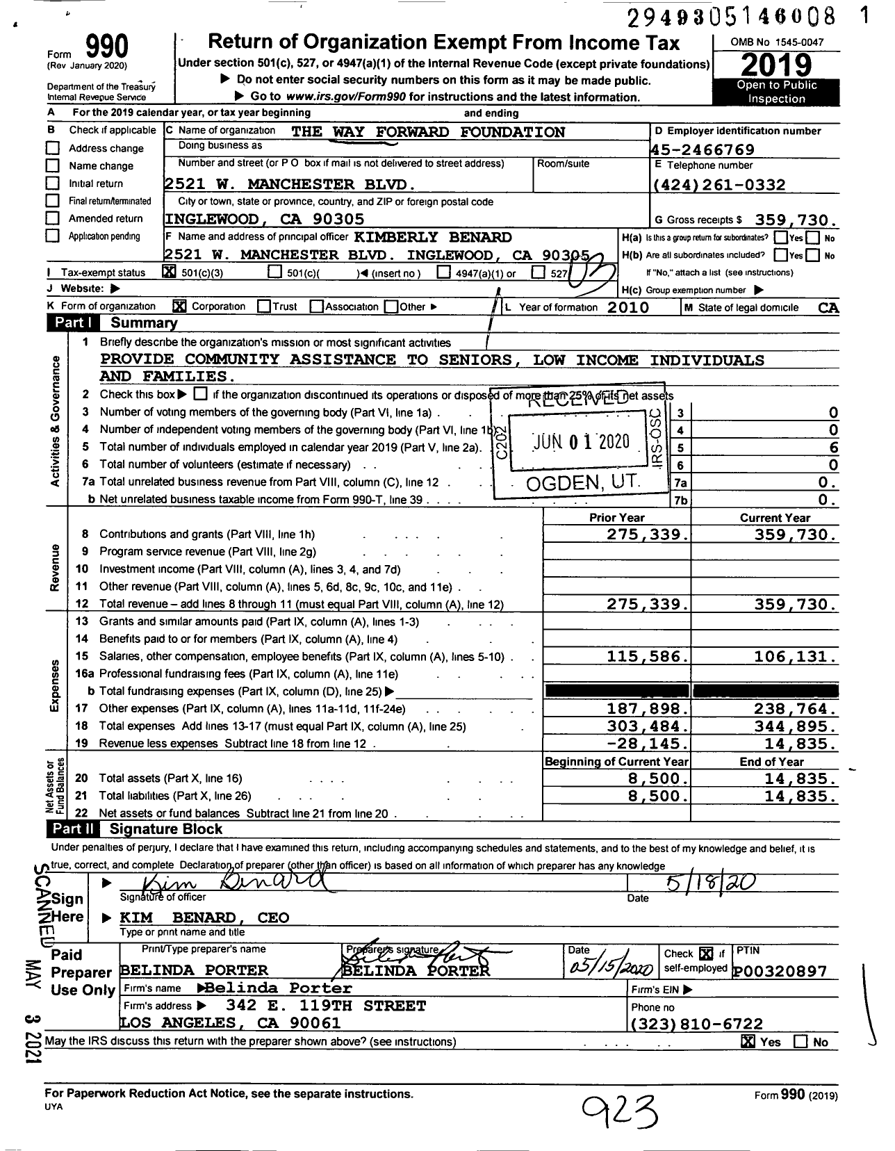 Image of first page of 2019 Form 990 for The Way Forward Foundation